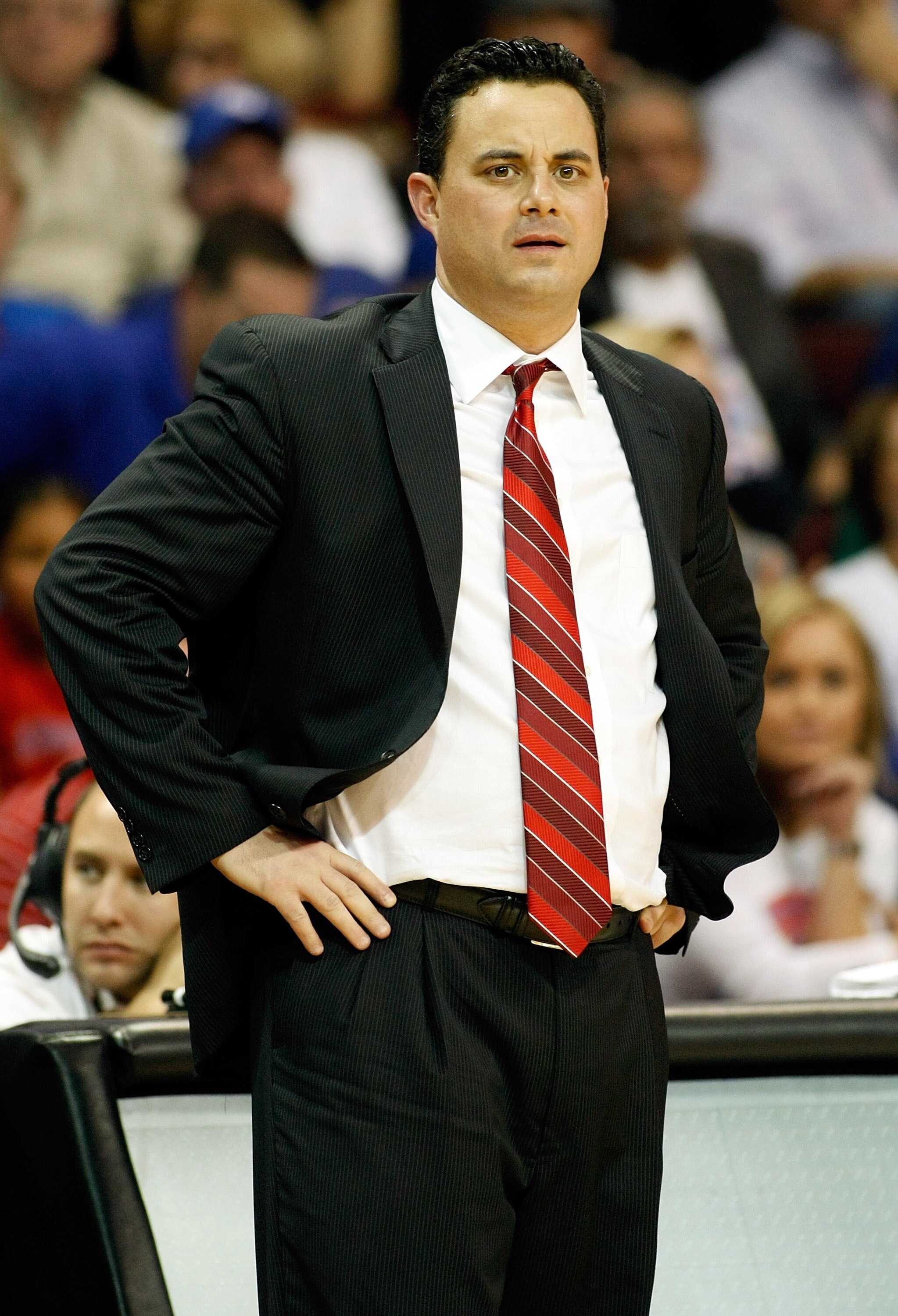 LAS VEGAS - NOVEMBER 27:  Head coach Sean Miller of the Arizona Wildcats looks on during his team's 87-79 loss to the Kansas Jayhawks in the championship game of the Las Vegas Invitational at The Orleans Arena November 27, 2010 in Las Vegas, Nevada.  (Pho