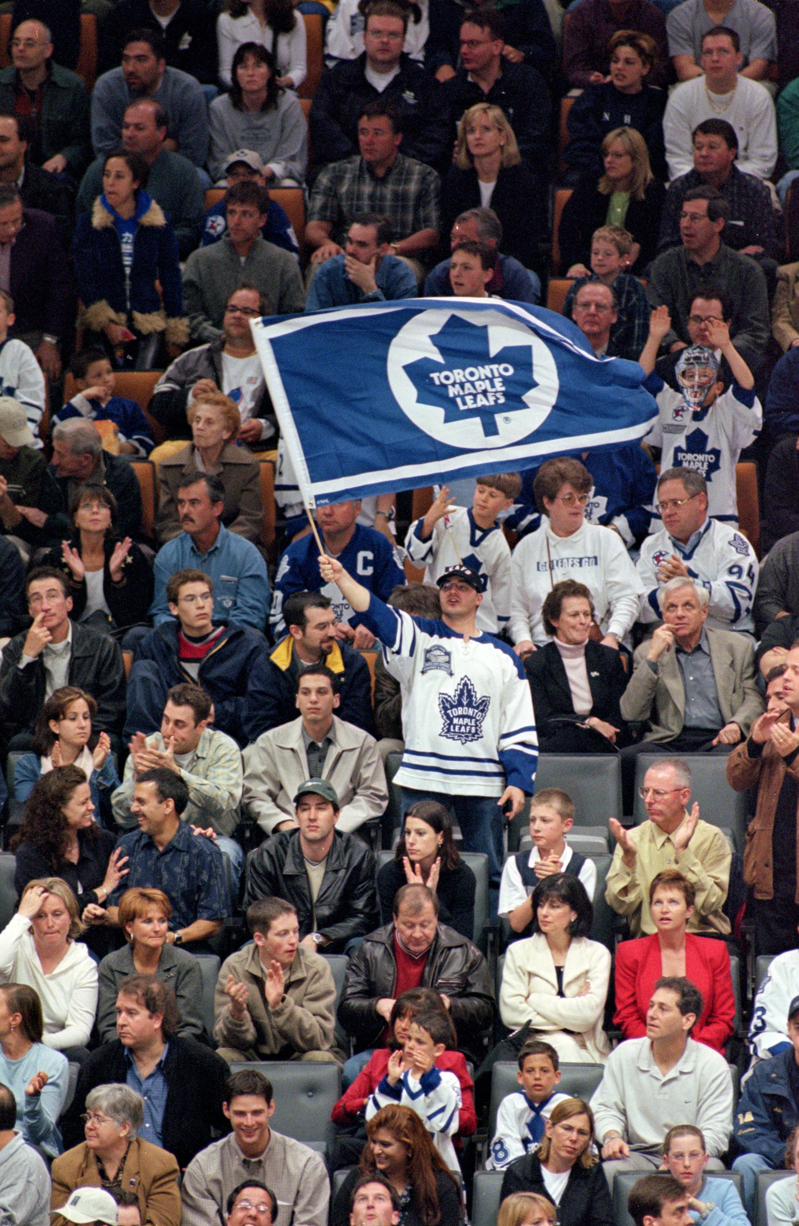 29 Apr 2000:  Toronto Maple Leaf fans cheers on their team during round two of the NHL Eastern Conference semifinals against the New Jersey Devils at the Air Canada Centre in Toronto, Canada. The Devils defeated the Maple Leafs 1-0. Mandatory Credit: Rick