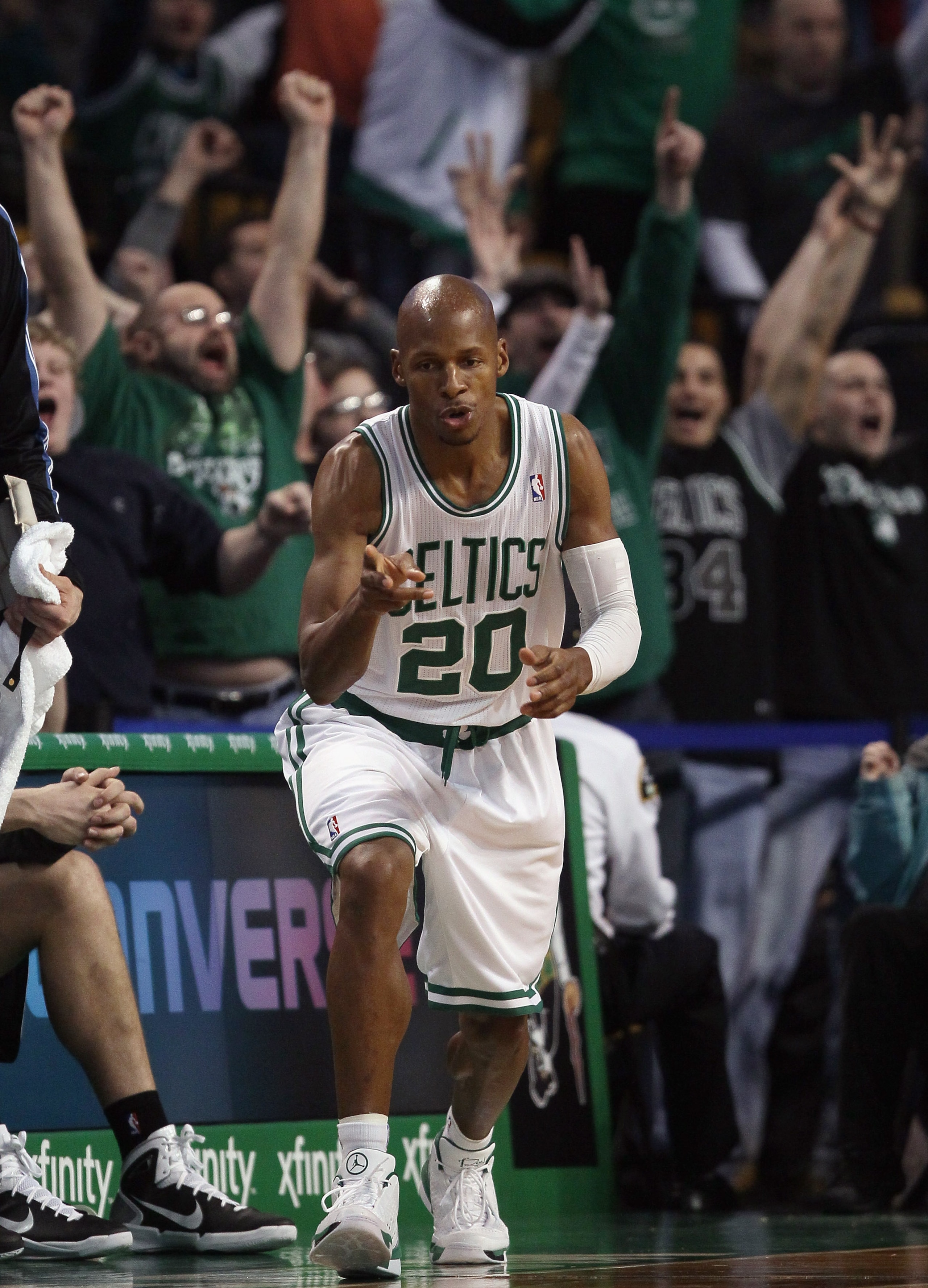 BOSTON, MA - JANUARY 03:  Ray Allen #20 of the Boston Celtics celebrates his three point shot late in the fourth quarter against the Minnesota Timberwolves on January 3, 2011 at the TD Garden in Boston, Massachusetts. The Celtics defeated the Timberwolves
