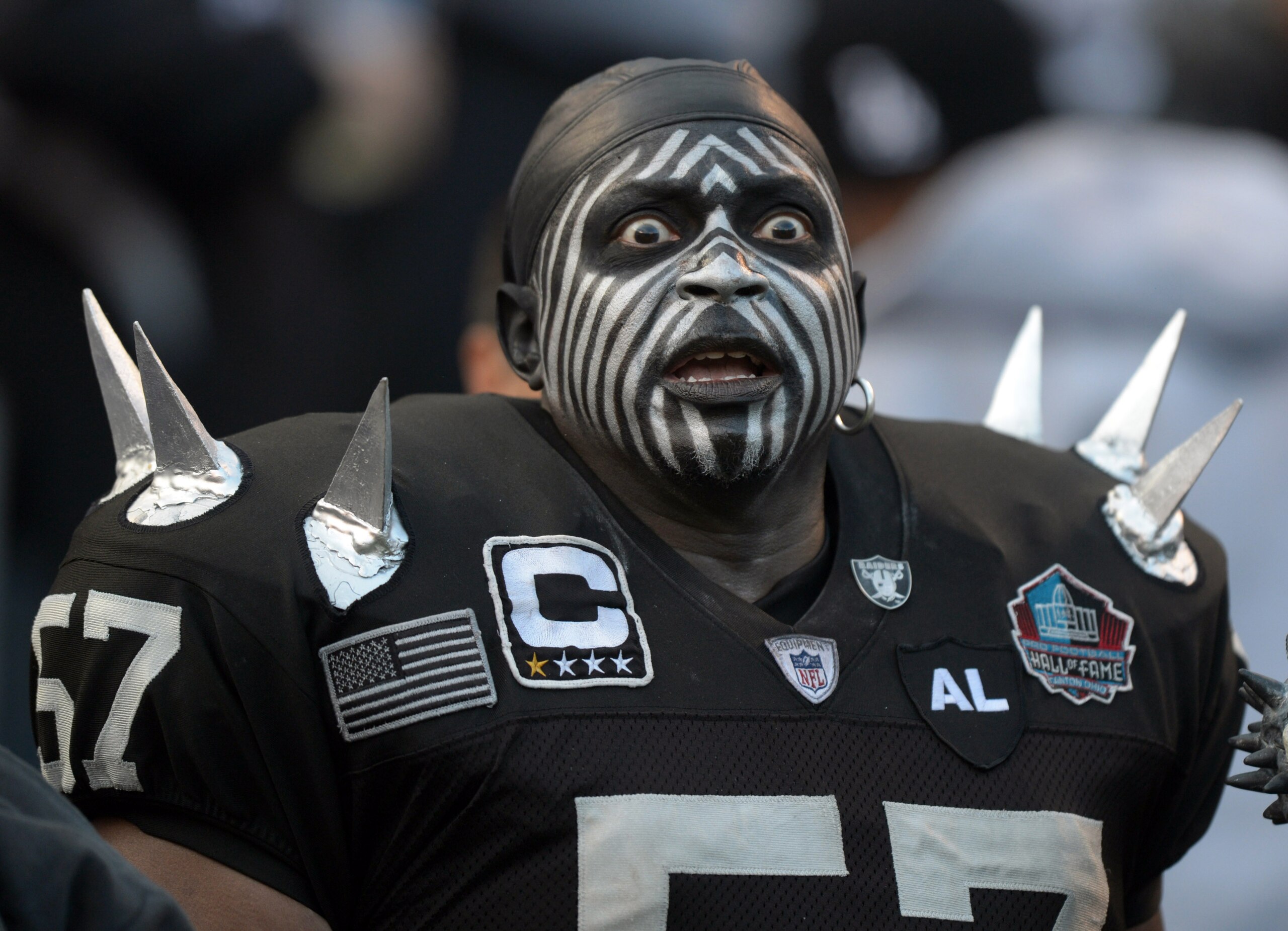 Dec 30, 2012; San Diego, CA, USA; Oakland Raiders fan Wayne Mabry aka Violator reacts against the San Diego Chargers at Qualcomm Stadium. The Chargers defeated the Raiders 24-21. Mandatory Credit: Kirby Lee/Image of Sport-USA TODAY Sports