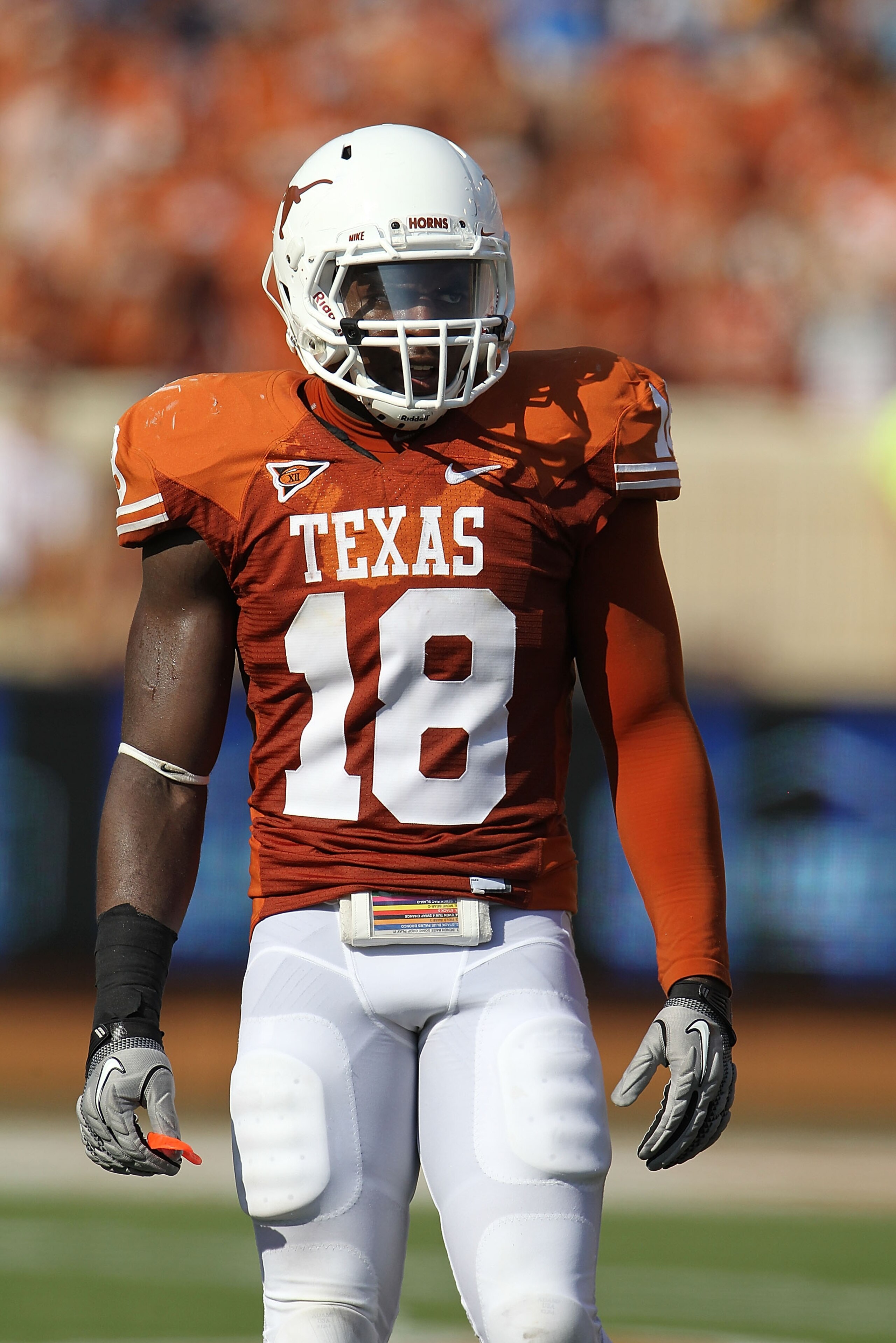 AUSTIN, TX - SEPTEMBER 25:  Linebacker Emmanuel Acho #18 of the Texas Longhorns at Darrell K Royal-Texas Memorial Stadium on September 25, 2010 in Austin, Texas.  (Photo by Ronald Martinez/Getty Images)