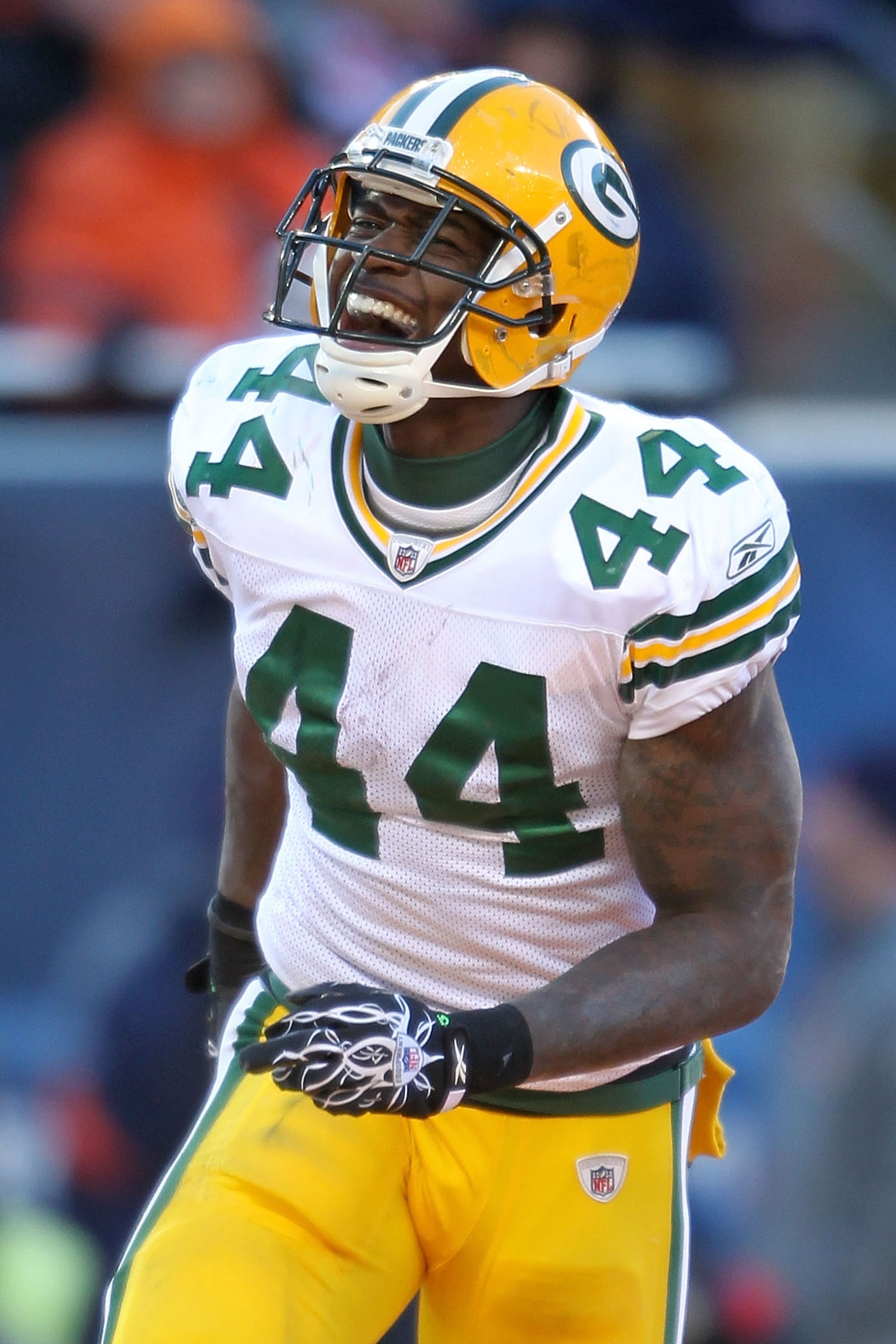 CHICAGO, IL - JANUARY 23:  Running back James Starks #44 of the Green Bay Packers reacts after his four-yard second quarter touchdown run against the Chicago Bears in the NFC Championship Game at Soldier Field on January 23, 2011 in Chicago, Illinois.  (P