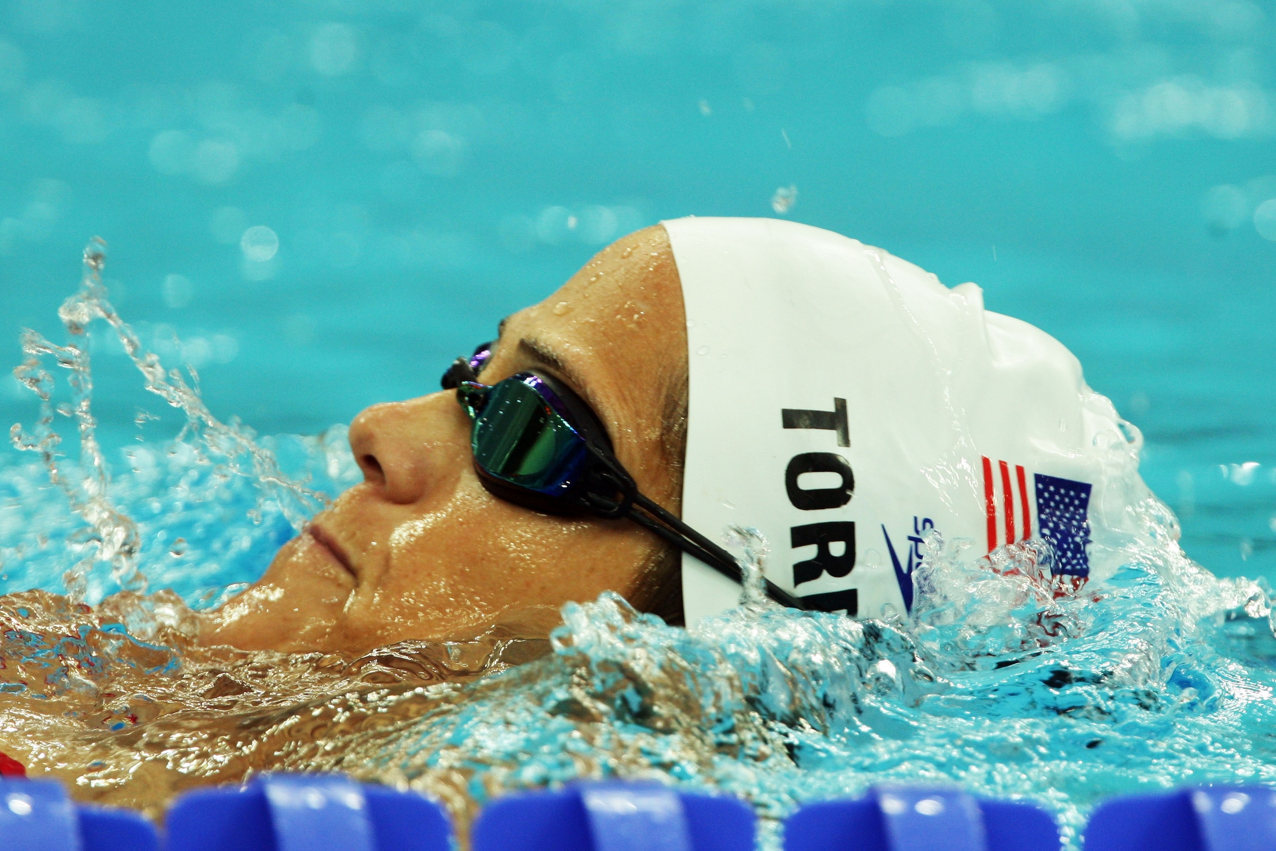 BEIJING - AUGUST 06: Dara Torres of the United States of America swims in the pool during a practice session ahead of the Beijing 2008 Olympics at National Aquatics Center on August 6, 2008 in Beijing, China. (Photo by Mark Dadswell/Getty Images) BEIJING - AUGUST 06: Dara Torres of the United States of America swims in the pool during a practice session ahead of the Beijing 2008 Olympics at National Aquatics Center on August 6, 2008 in Beijing, China. (Photo by Mark Dadswell/Getty Images)