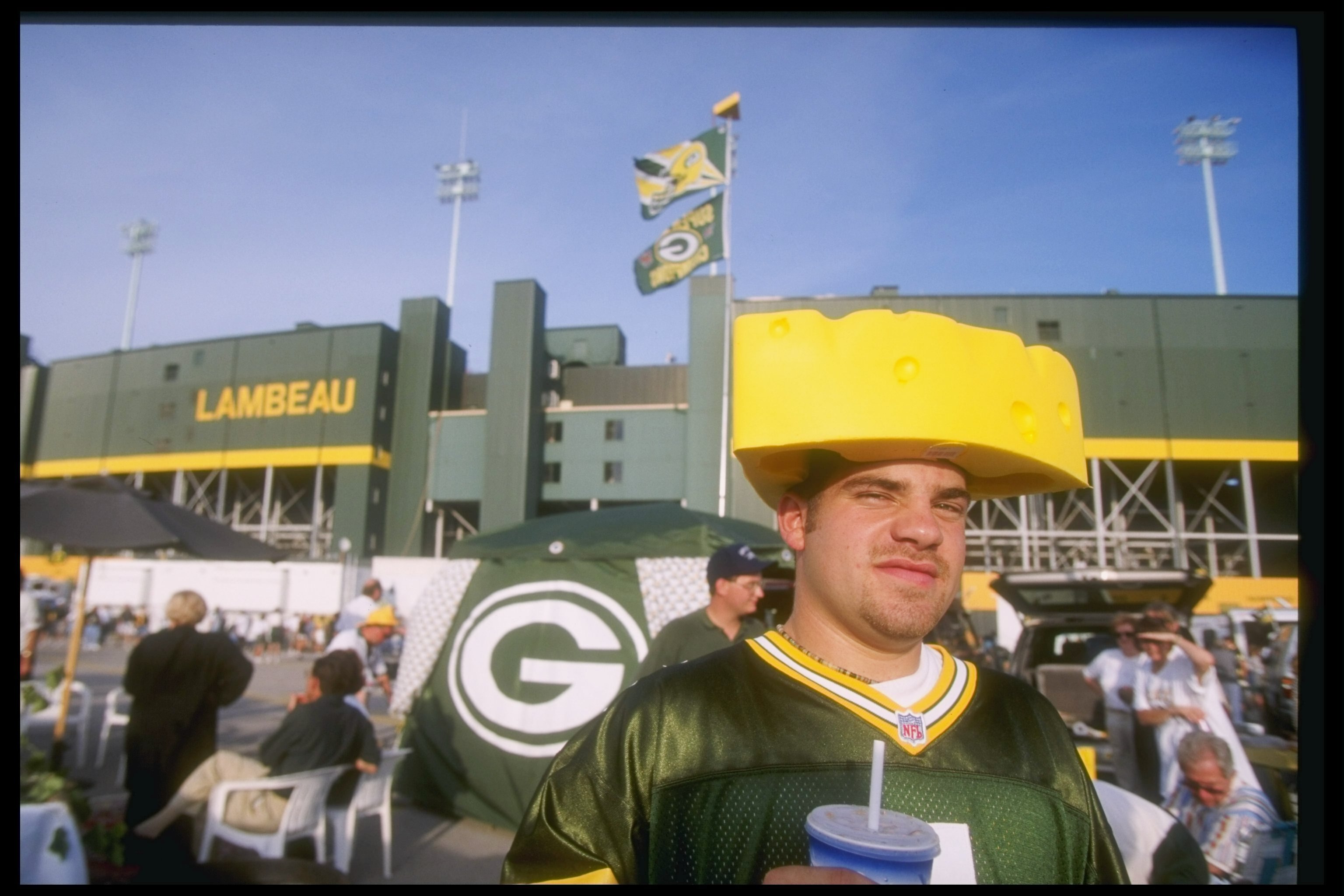 1 Sep 1997:  A Green Bay Packers fan wears a 'cheese head' prior to the Packers 38-24 win over the Chicago Bears at Lambeau Field in Green Bay, Wisconsin. Mandatory Credit: Jonathan Daniel  /Allsport