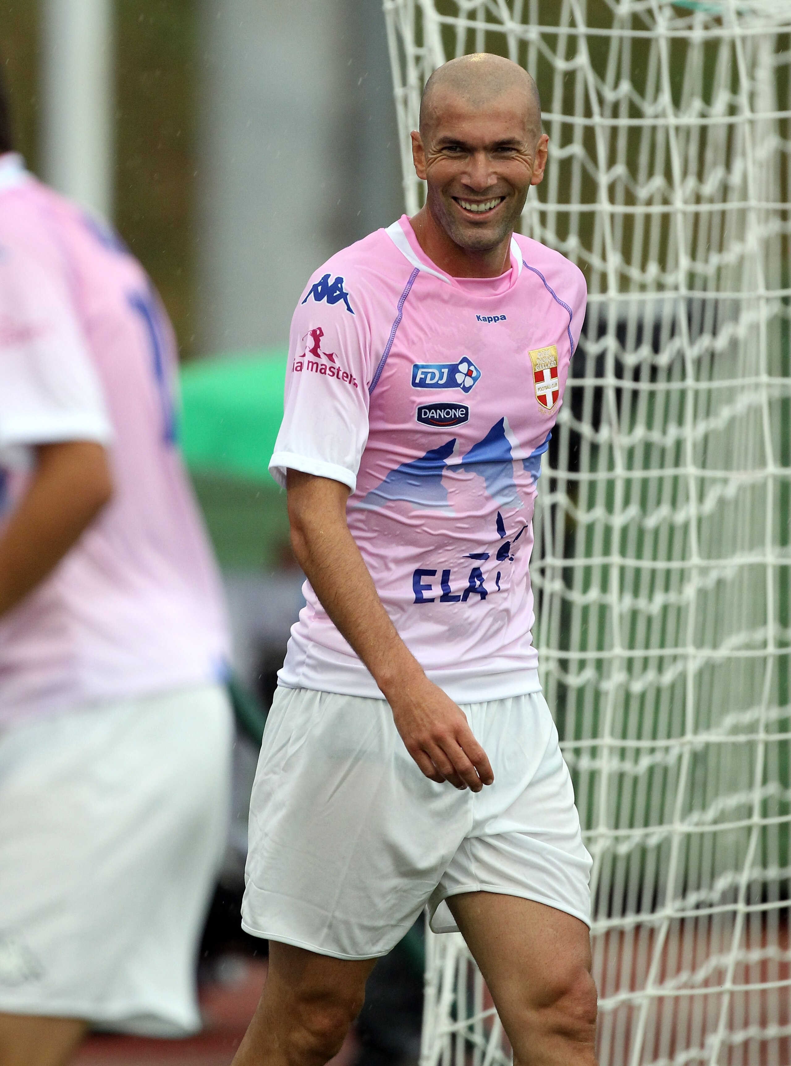 EVIAN LES BAINS, FRANCE - JULY 22:  Zinadine Zidane the former French football star in action during the annual football match between players, caddies, sporting stars and VIP's after the first round of the 2010 Evian Masters on July 22, 2010 in Evian les