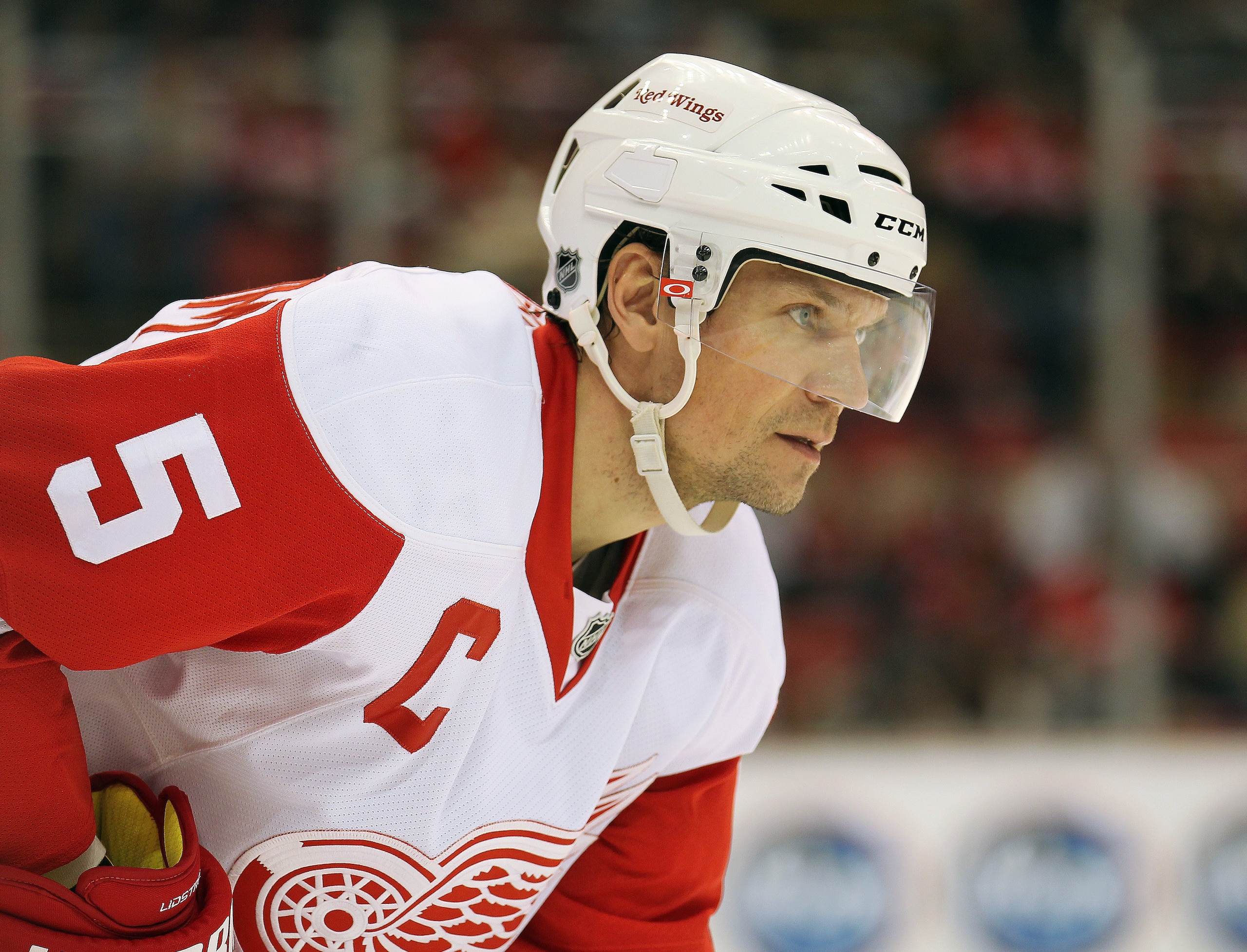 DETROIT, MI - JANUARY 22:  Nicklas Lidstrom #5 of the Detroit Red Wings waits for a faceoff in a game against the Chicago Black Hawks on January 22, 2011 at the Joe Louis Arena in Detroit, Michigan. The Hawks defeated the Wings 4-1. (Photo by Claus Anders