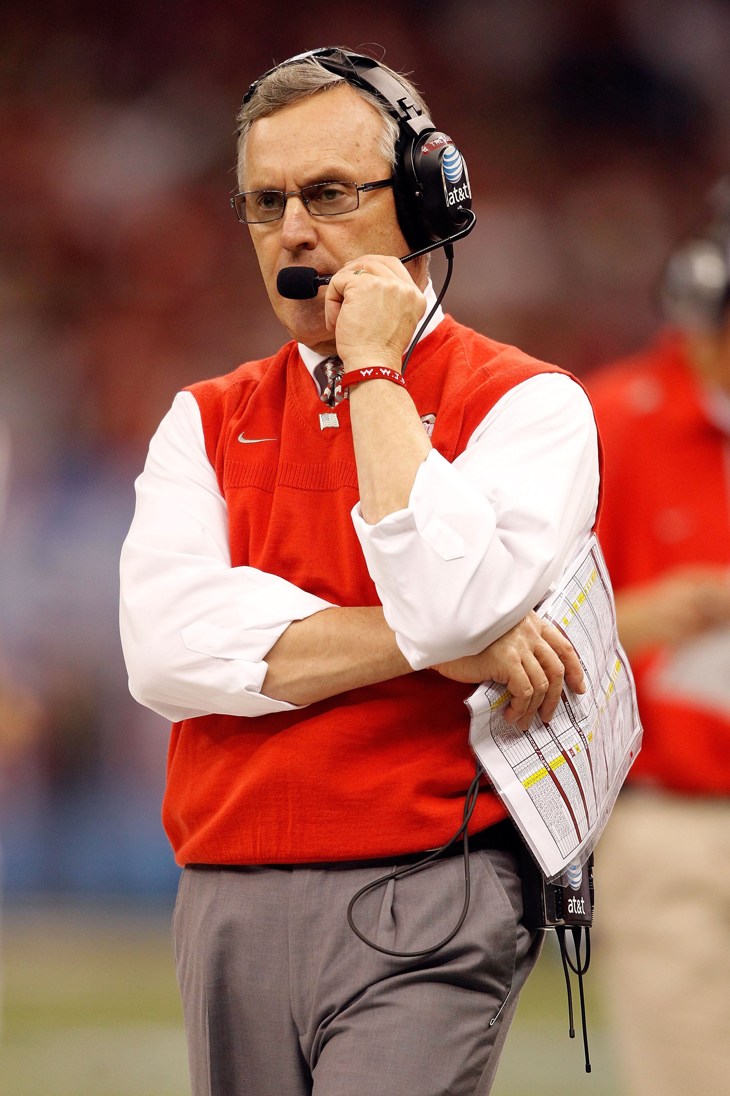 NEW ORLEANS, LA - JANUARY 04:  Head coach Jim Tressel of the Ohio State Buckeyes looks on against the Arkansas Razorbacks during the Allstate Sugar Bowl at the Louisiana Superdome on January 4, 2011 in New Orleans, Louisiana.  (Photo by Matthew Stockman/G