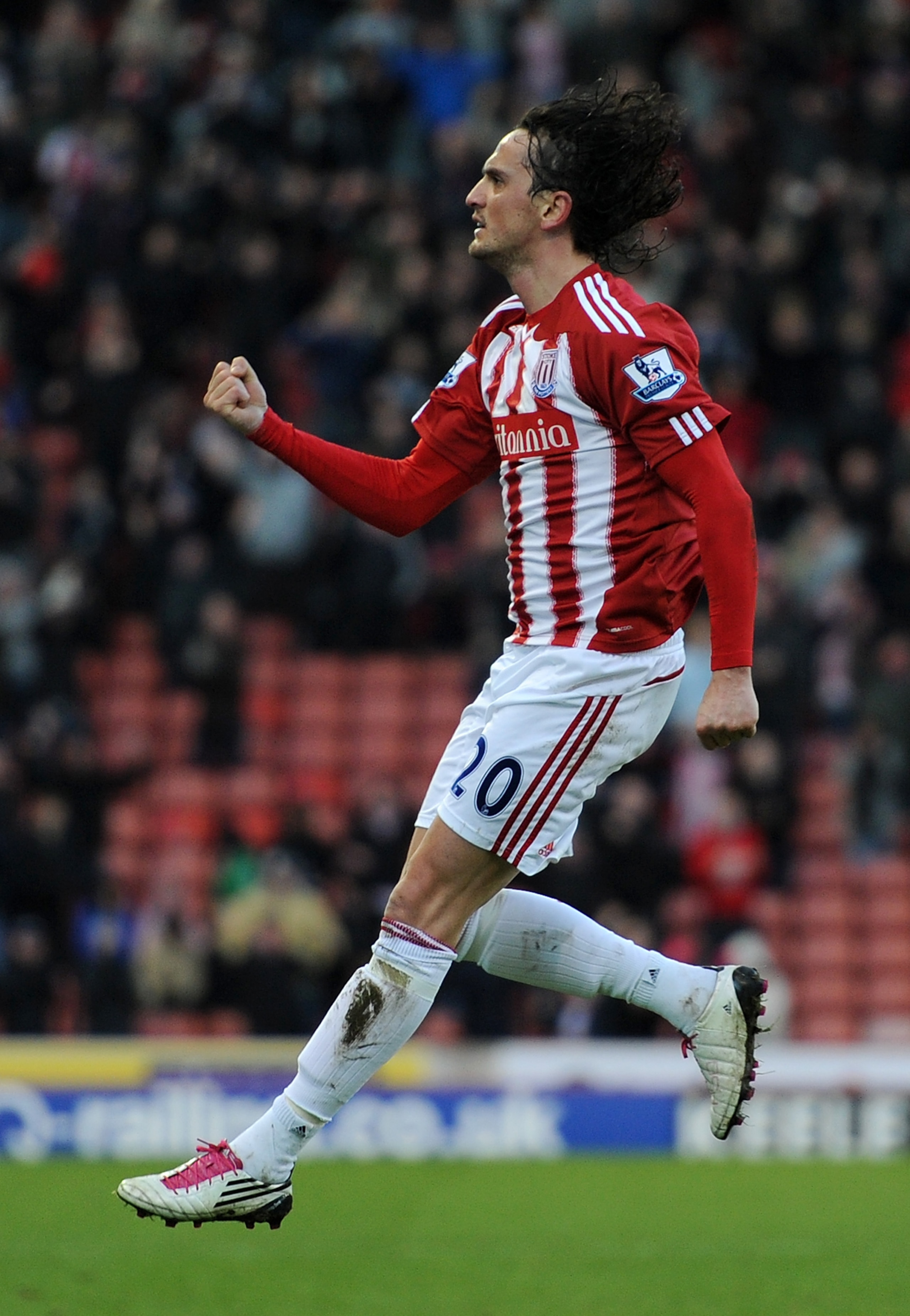 STOKE ON TRENT, ENGLAND - JANUARY 08:  Tuncay Sanli of Stoke City celebrates after scoring the 1-1 equaliser during the FA Cup Sponsored by E.ON 3rd Round match between Stoke City and Cardiff City at Britannia Stadium on January 8, 2011 in Stoke on Trent,