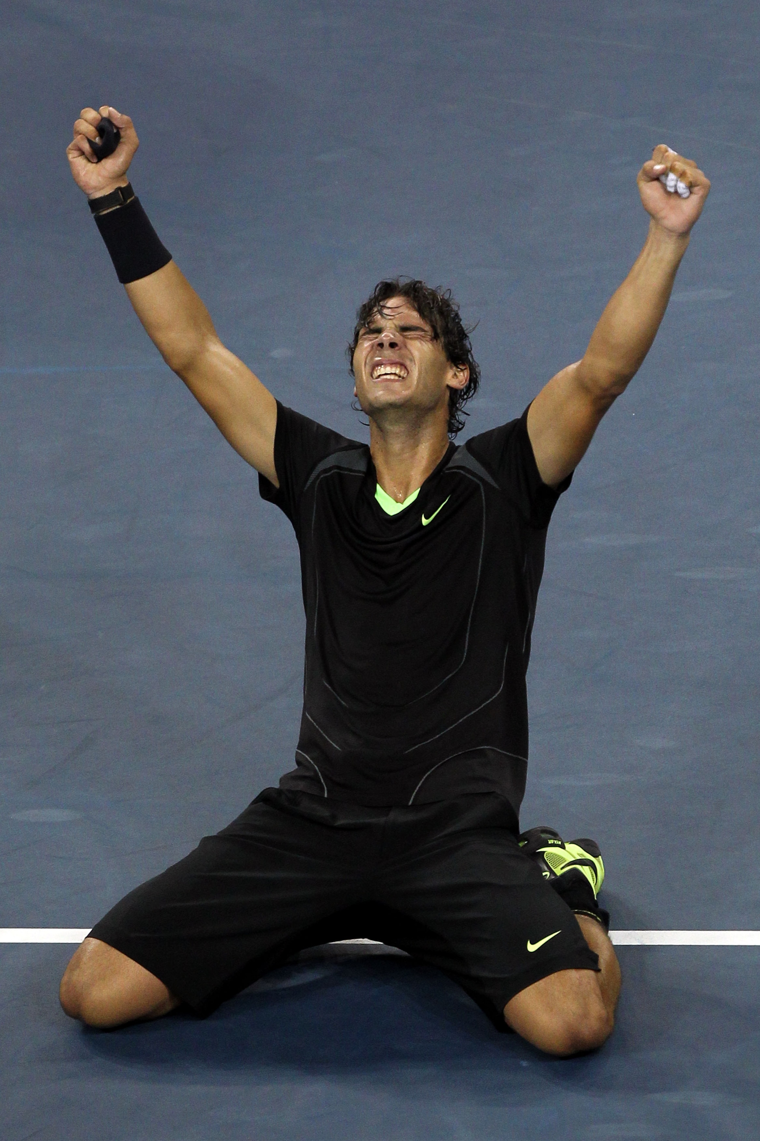 NEW YORK - SEPTEMBER 13:  Rafael Nadal of Spain falls to his knees in celebration of his win over Novak Djokovic of Serbia during their men's singles final on day fifteen of the 2010 U.S. Open at the USTA Billie Jean King National Tennis Center on Septemb