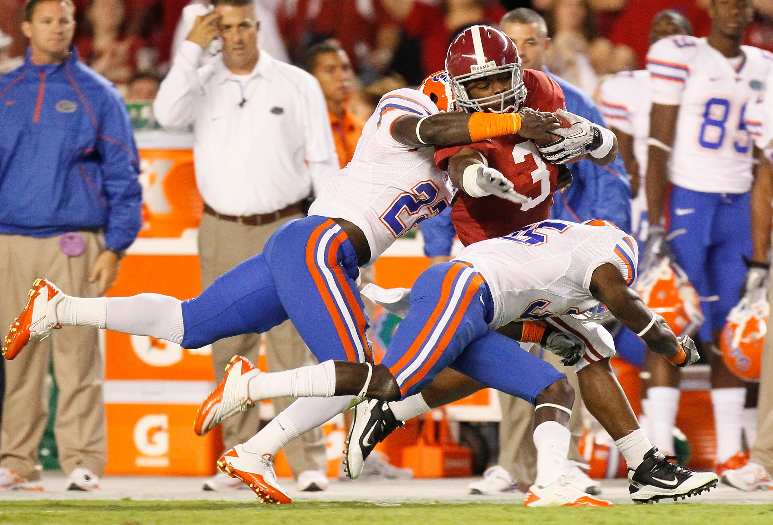 TUSCALOOSA, AL - OCTOBER 02: Trent Richardson #3 of the Alabama Crimson Tide is tackled by Matt Elam #22 and Ahmad Black #35 of the Florida Gators at Bryant-Denny Stadium on October 2, 2010 in Tuscaloosa, Alabama. (Photo by Kevin C. Cox/Getty Images) TUSCALOOSA, AL - OCTOBER 02: Trent Richardson #3 of the Alabama Crimson Tide is tackled by Matt Elam #22 and Ahmad Black #35 of the Florida Gators at Bryant-Denny Stadium on October 2, 2010 in Tuscaloosa, Alabama. (Photo by Kevin C. Cox/Getty Images)