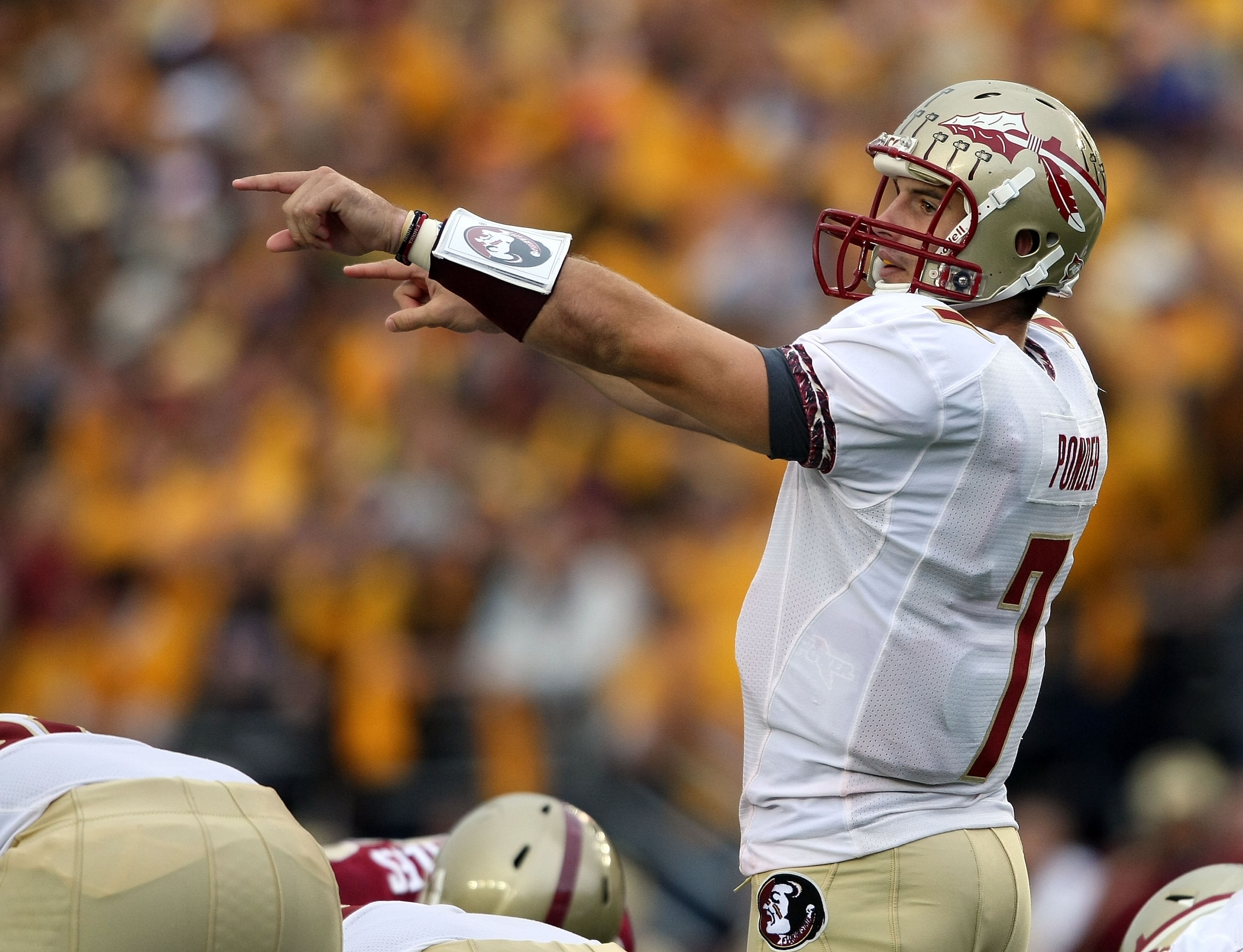 CHESTNUT HILL, MA - OCTOBER 03:  Christian Ponder #7 of the Florida State Seminoles calls out the play in the first half against the Boston College Eagles on October 3, 2009 at Alumni Stadium in Chestnut Hill, Massachusetts. (Photo by Elsa/Getty Images)