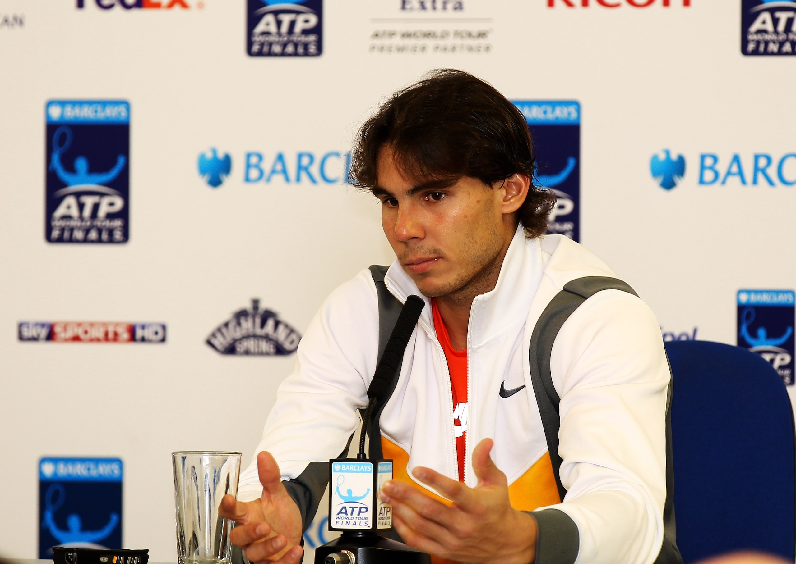 LONDON, ENGLAND - NOVEMBER 28:  Rafael Nadal of Spain speaks at a press conference after losing his men's final match against Roger Federer of Switzerland during the ATP World Tour Finals at O2 Arena on November 28, 2010 in London, England.  (Photo by Cli