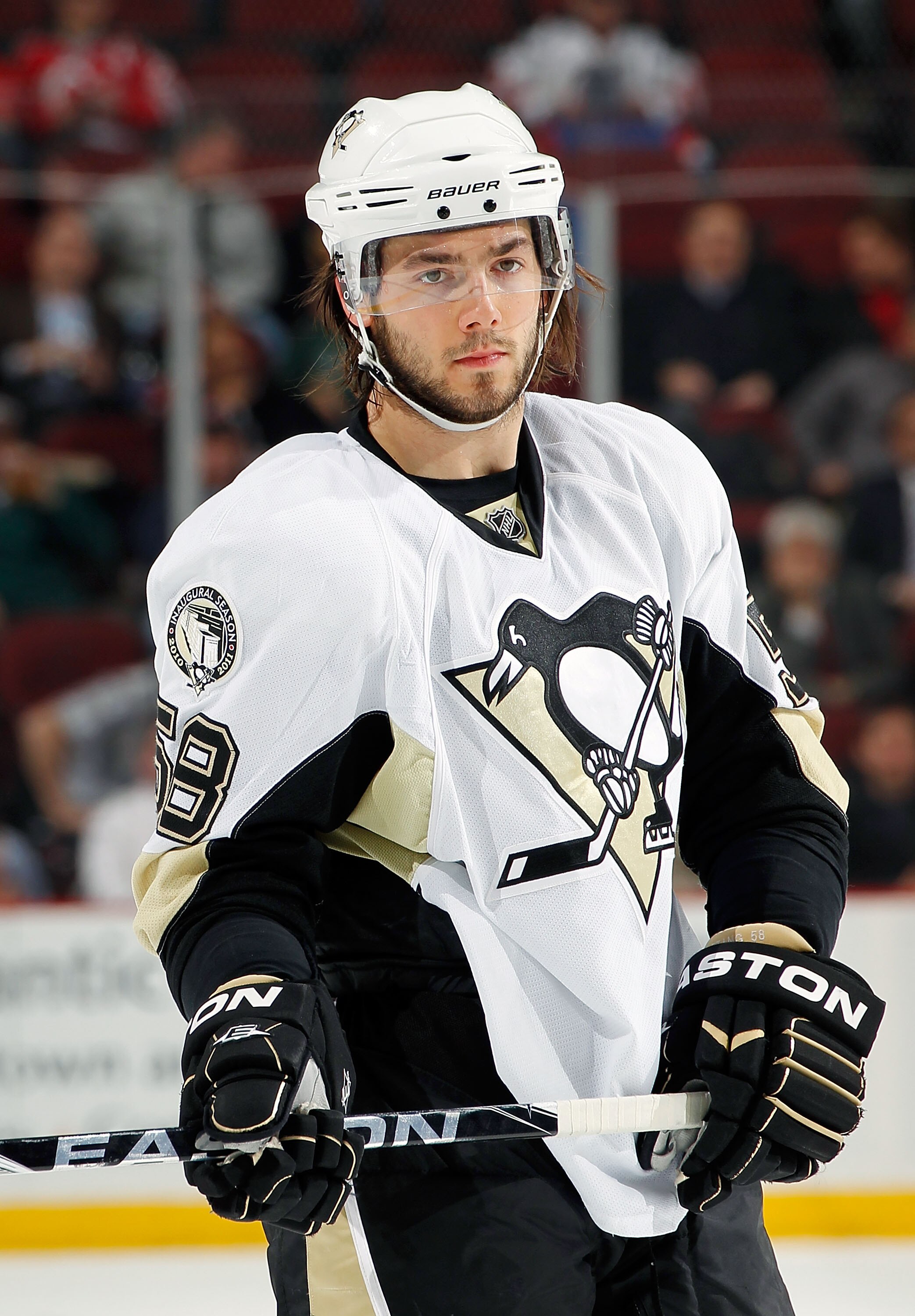 NEWARK, NJ - JANUARY 20:  Kris Letang #58 of the Pittsburgh Penguins waits for a faceoff during an NHL hockey game against the New Jersey Devils at the Prudential Center on January 20, 2011 in Newark, New Jersey.  (Photo by Paul Bereswill/Getty Images)