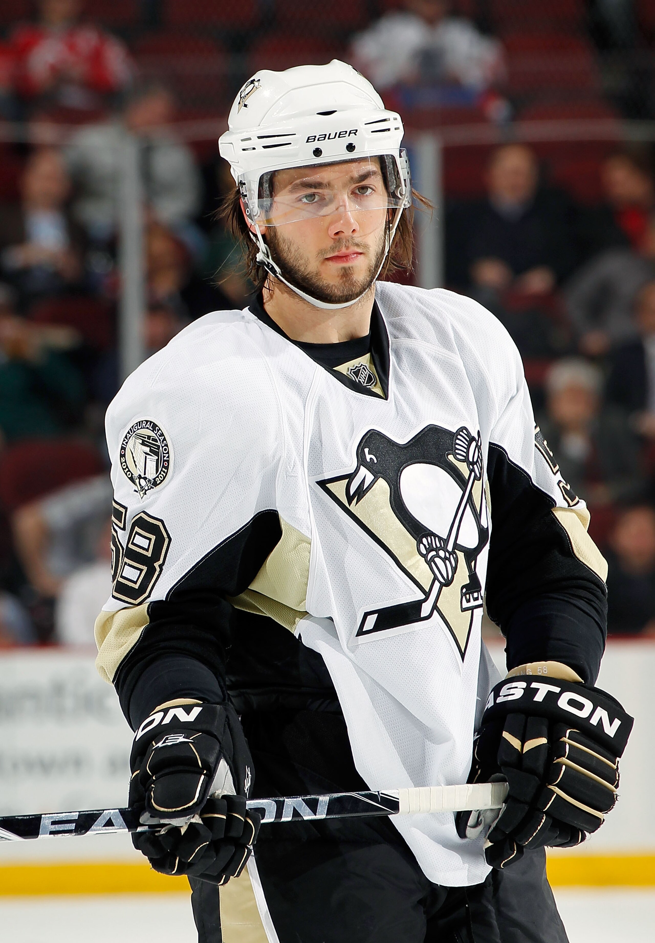 NEWARK, NJ - JANUARY 20:  Kris Letang #58 of the Pittsburgh Penguins waits for a faceoff during an NHL hockey game against the New Jersey Devils at the Prudential Center on January 20, 2011 in Newark, New Jersey.  (Photo by Paul Bereswill/Getty Images)