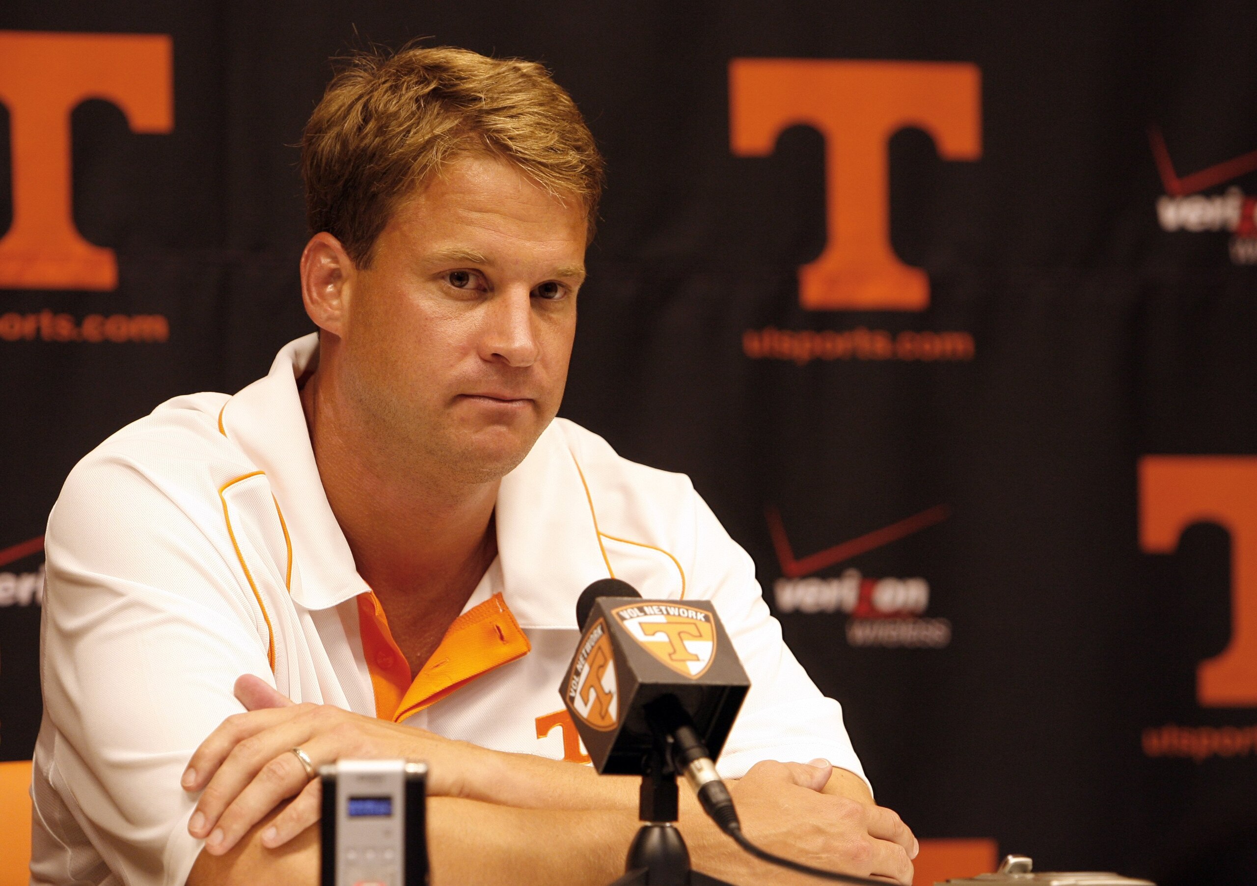 KNOXVILLE, TN - SEPTEMBER 12: Lane Kiffin, head coach of the Tennessee Volunteers talks in the press conference after a game against the UCLA Bruins on September 12, 2009 at Neyland Stadium in Knoxville, Tennessee. UCLA beat Tennessee 19-15. (Photo by Joe