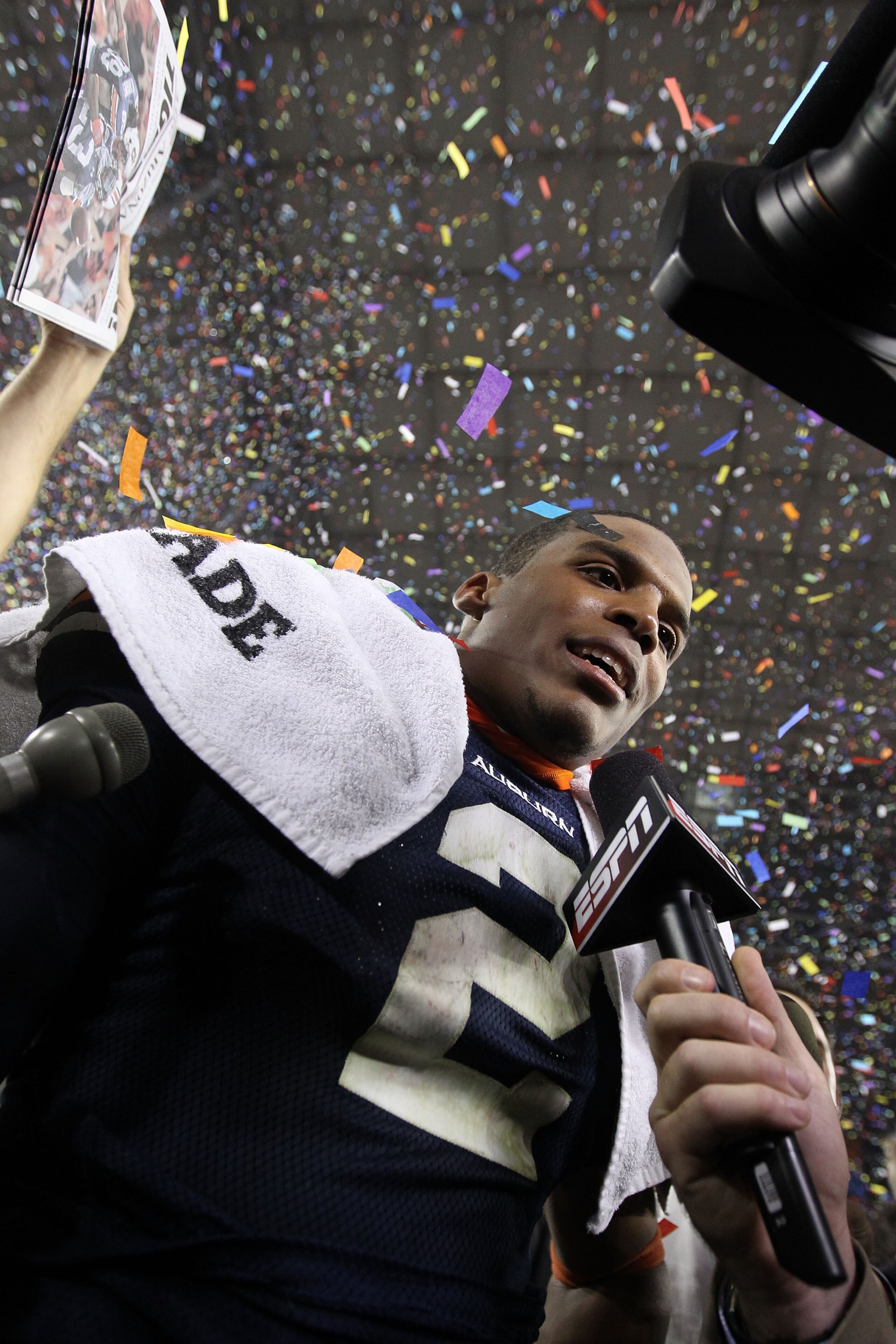 GLENDALE, AZ - JANUARY 10:  Quarterback Cameron Newton #2 of the Auburn Tigers celebrates the Tigers 22-19 victory against the Oregon Ducks in the Tostitos BCS National Championship Game at University of Phoenix Stadium on January 10, 2011 in Glendale, Ar