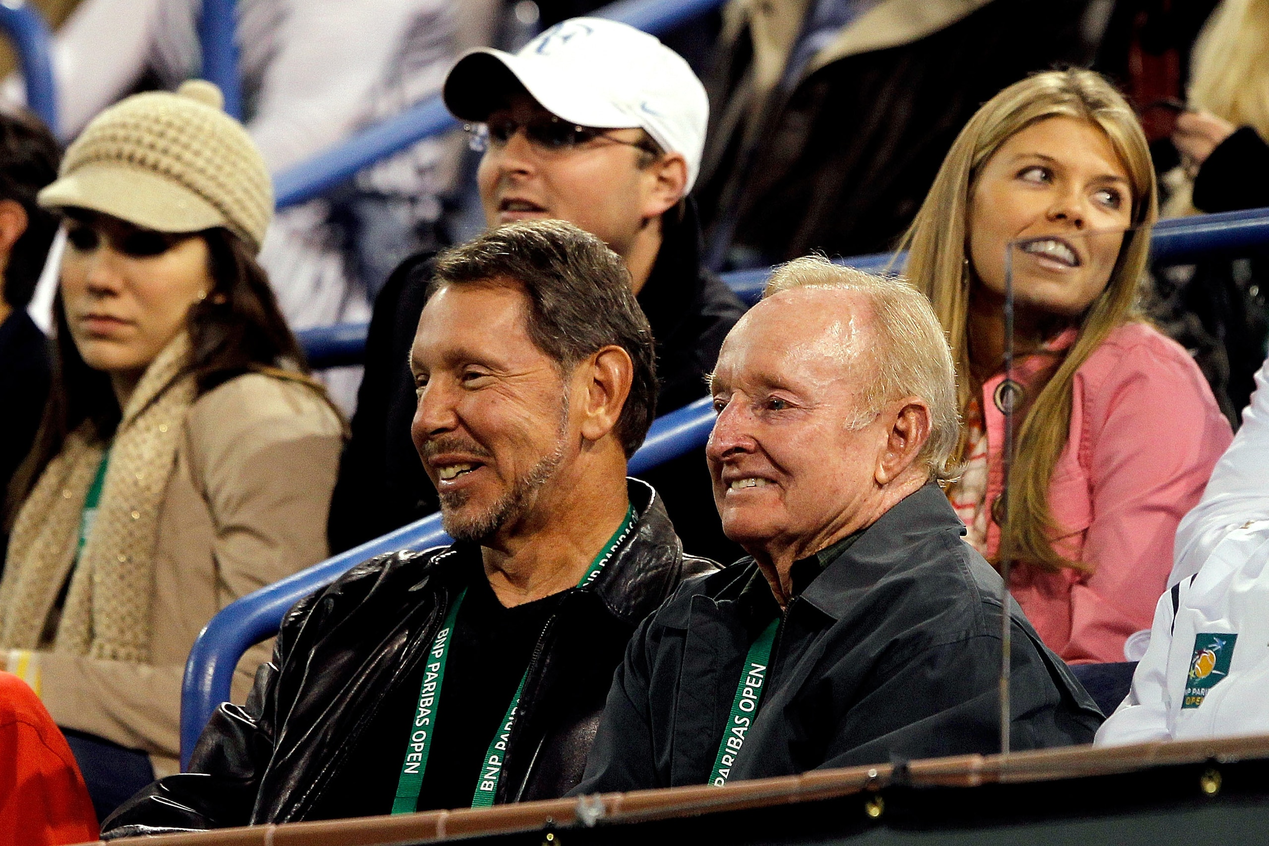 INDIAN WELLS, CA - MARCH 12:  Oracle CEO Larry Ellison (L) and former tennis player Rod Laver attend Hit for Haiti, a charity event during the BNP Paribas Open on March 12, 2010 in Indian Wells, California.  (Photo by Matthew Stockman/Getty Images)