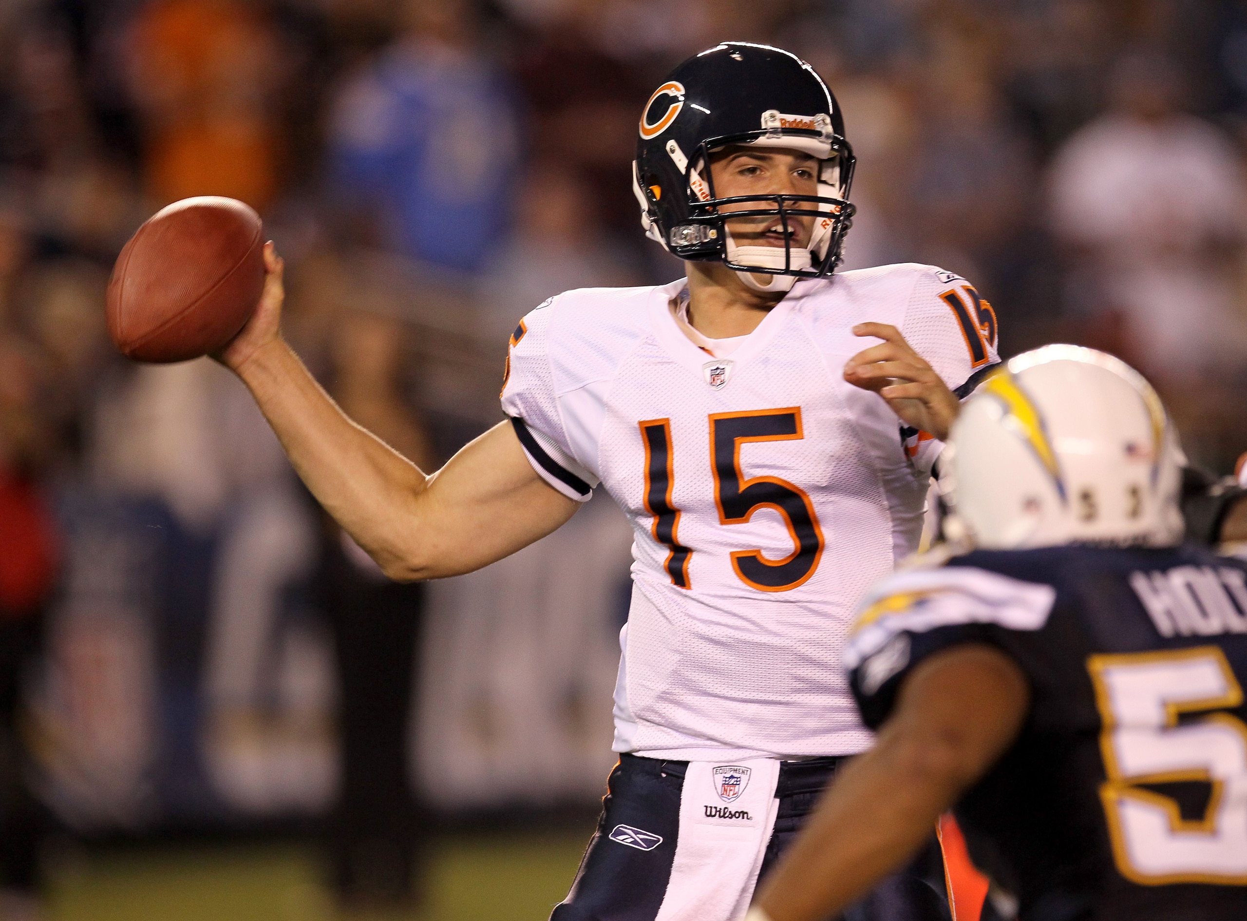 SAN DIEGO - AUGUST 14:  Quarterback Dan LeFevour  #15 of the Chicago Bears throws a pass against the San Diego Chargers on August 14, 2010 at Qualcomm Stadium in San Diego, California.   The Chargers won 25-10.  (Photo by Stephen Dunn/Getty Images)