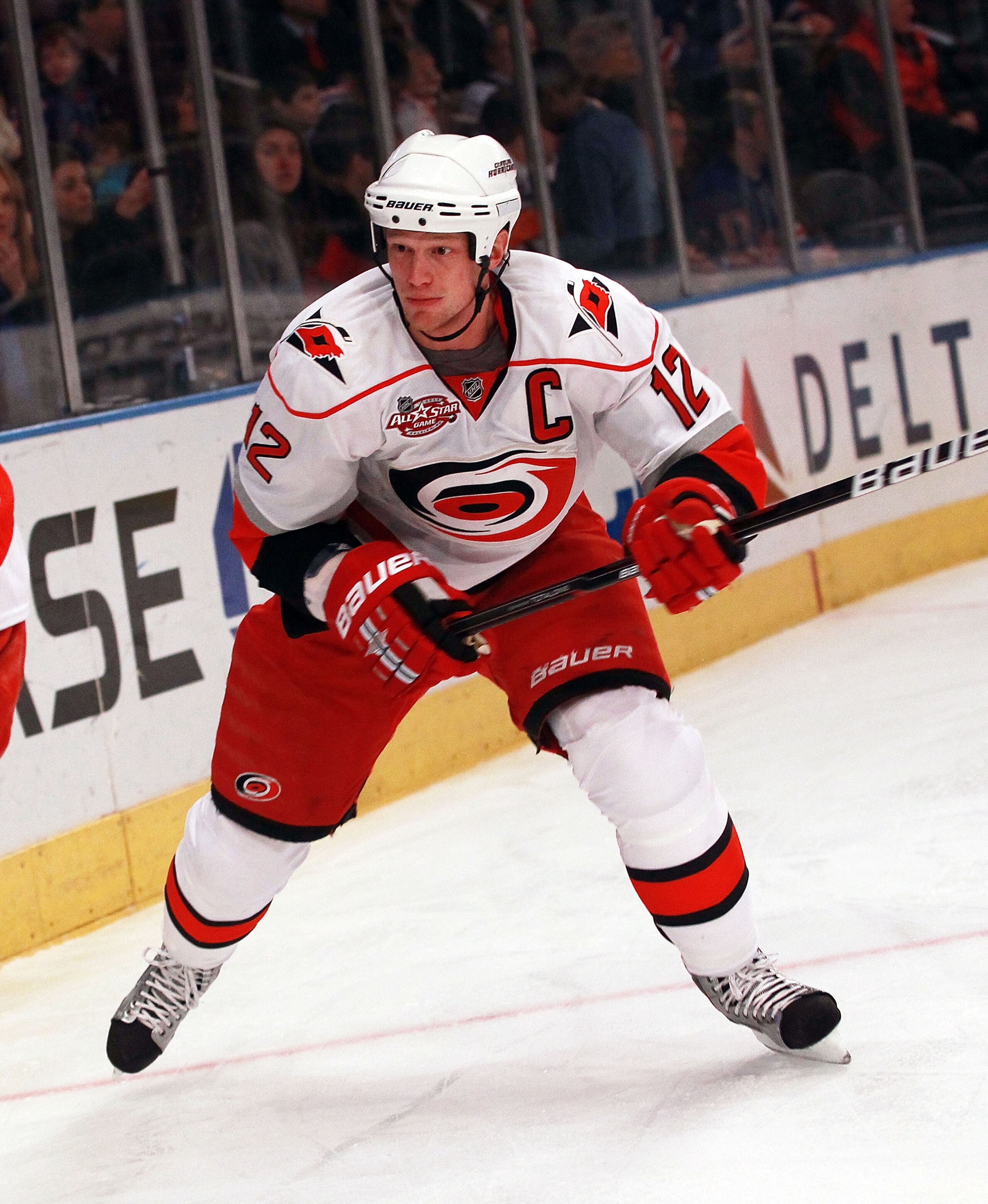 NEW YORK, NY - JANUARY 05:  Eric Staal #12 of the Carolina Hurricanes skates against the New York Rangers at Madison Square Garden on January 5, 2011 in New York City. The Rangers defeated the Hurricanes 2-1 in overtime.  (Photo by Bruce Bennett/Getty Ima