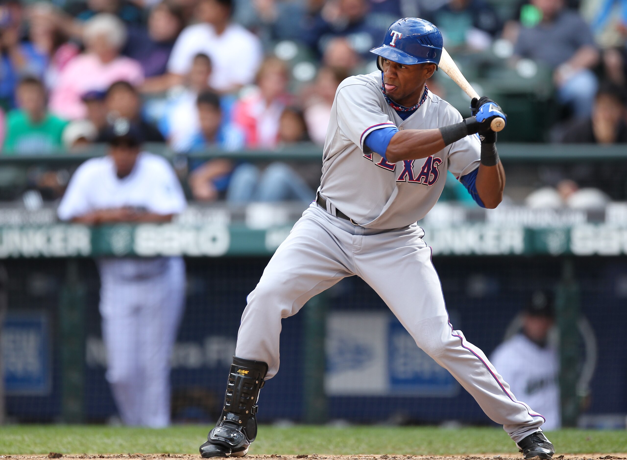 SEATTLE - SEPTEMBER 19:  Julio Borbon #29 of the Texas Rangers bats against the Seattle Mariners at Safeco Field on September 19, 2010 in Seattle, Washington. The Mariners won 2-1. (Photo by Otto Greule Jr/Getty Images)