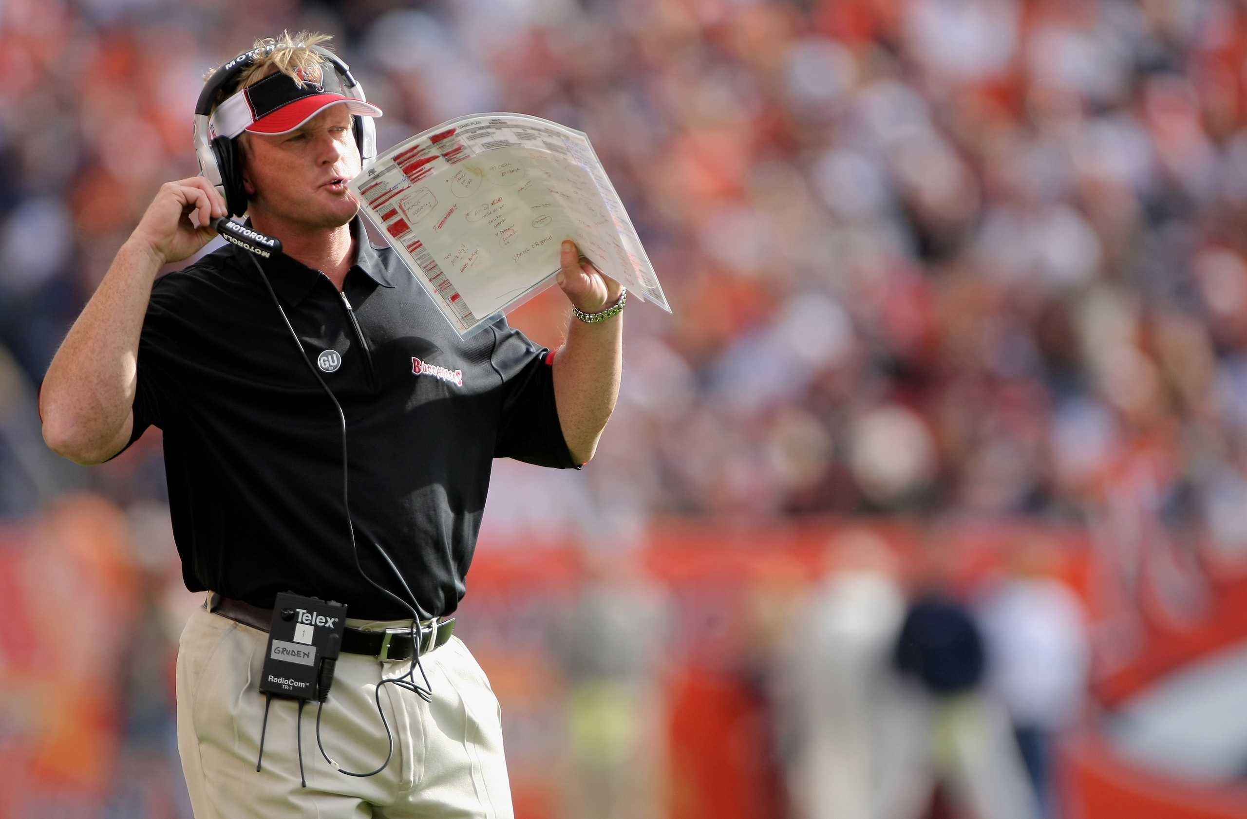 DENVER - OCTOBER 05:  Head coach Jon Gruden of the Tampa Bay Buccaneers leads his team against the Denver Broncos during NFL action on October 5, 2008 in Denver, Colorado. The Broncos defeated the Buccaneers 16-13.  (Photo by Doug Pensinger/Getty Images)