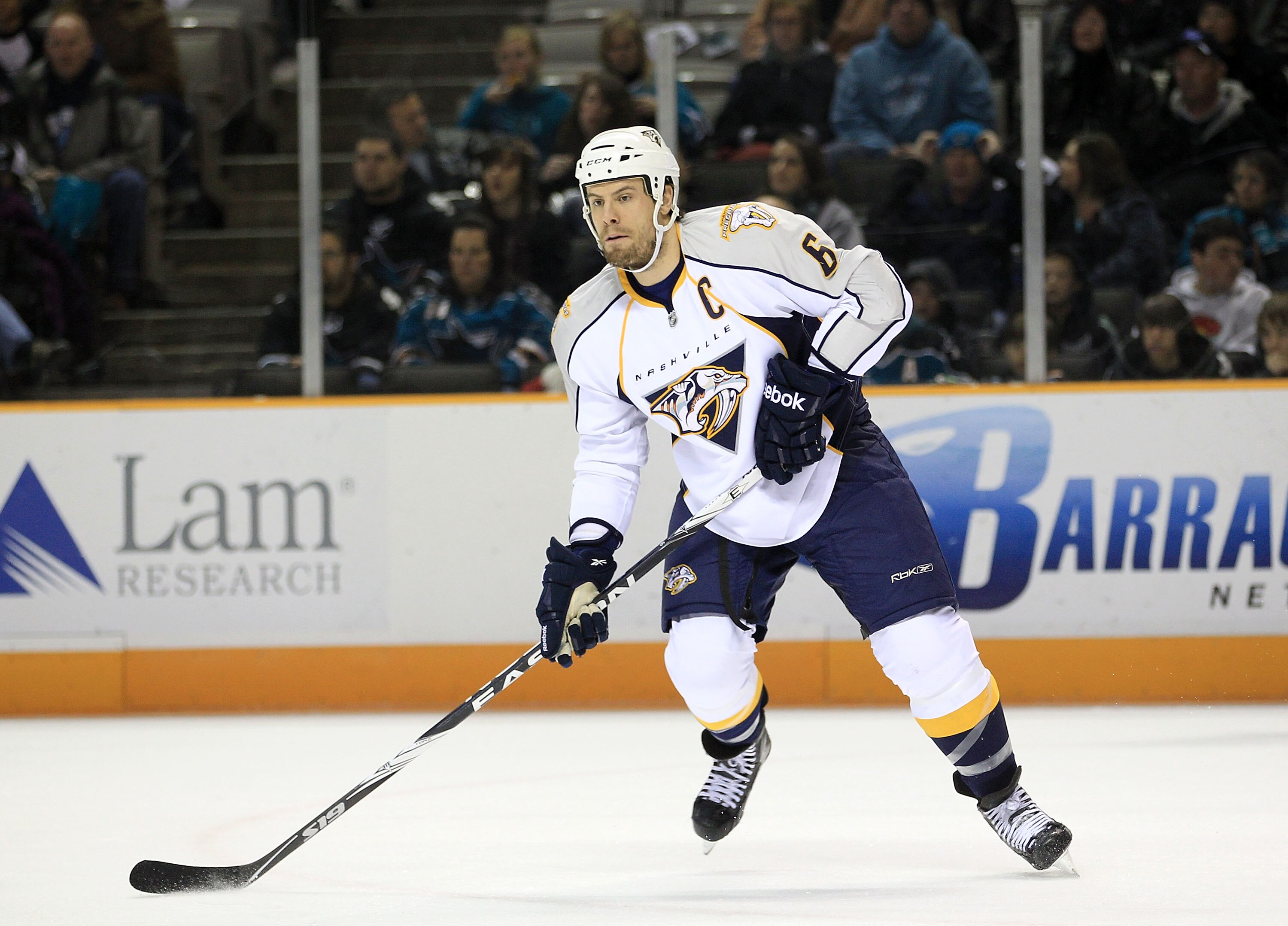 SAN JOSE, CA - JANUARY 08:  Shea Weber #6 of the Nashville Predators in action against the San Jose Sharks at HP Pavilion on January 8, 2011 in San Jose, California.  (Photo by Ezra Shaw/Getty Images)