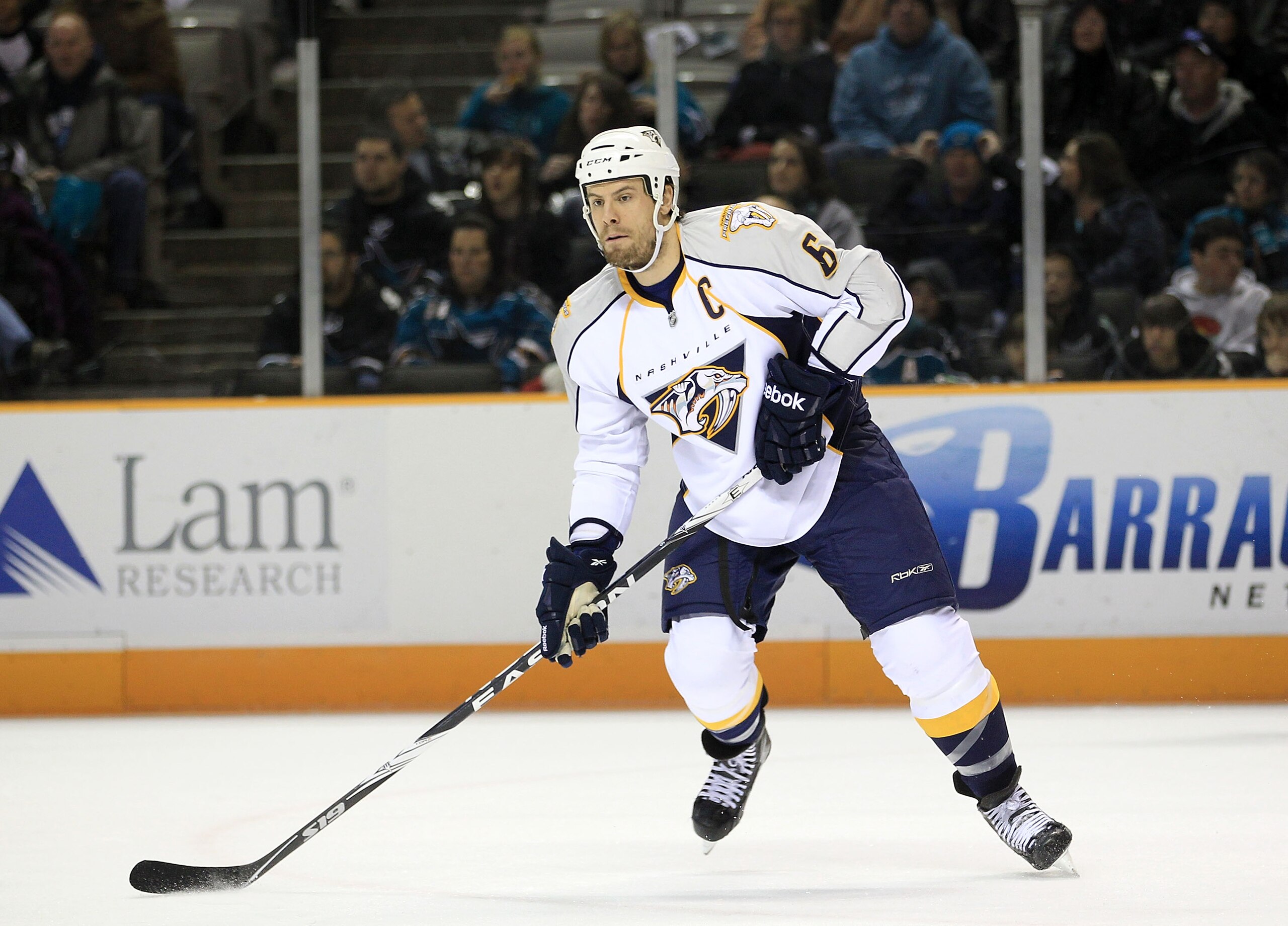 SAN JOSE, CA - JANUARY 08:  Shea Weber #6 of the Nashville Predators in action against the San Jose Sharks at HP Pavilion on January 8, 2011 in San Jose, California.  (Photo by Ezra Shaw/Getty Images)
