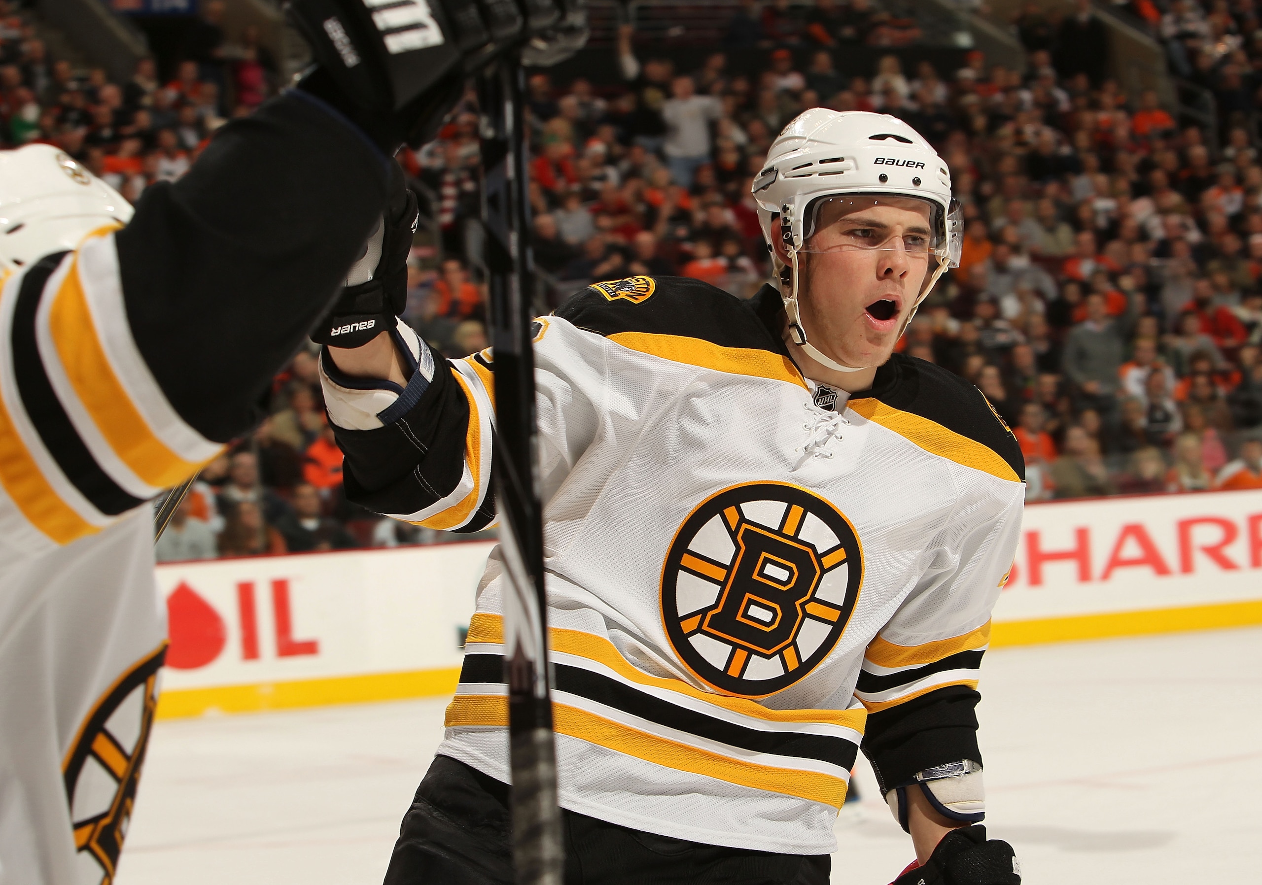 PHILADELPHIA, PA - DECEMBER 01: Tyler Seguin #19 of the Boston Bruins celebrates scoring his teams second goal against the Philadelphia Flyers at the Wells Fargo Center on December 1, 2010 in Philadelphia, Pennsylvania.  (Photo by Nick Laham/Getty Images)