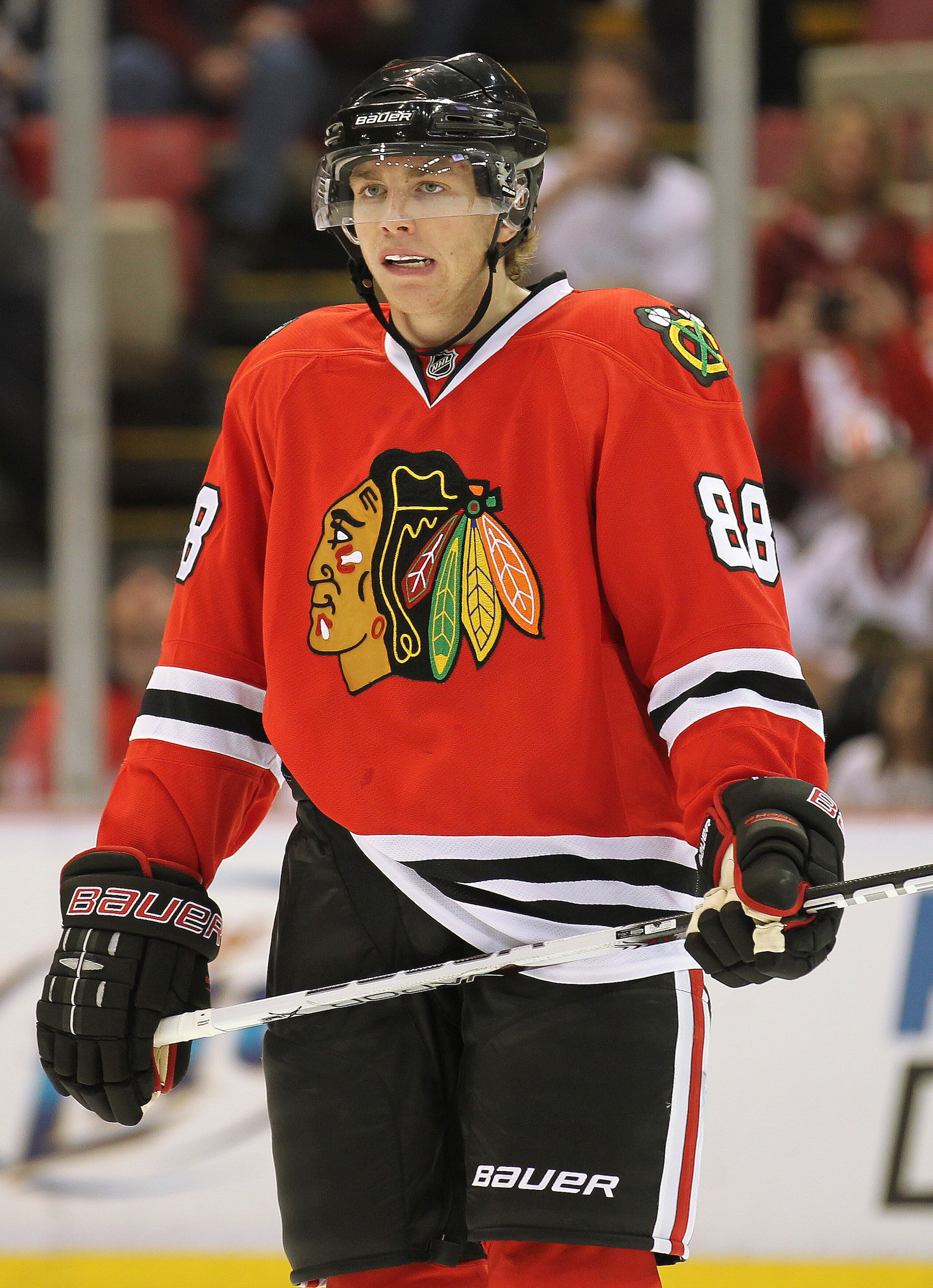 DETROIT, MI - JANUARY 22:  Patrick Kane #88 of the Chicago Black Hawks waits for a faceoff in a game against the Detroit Red Wings on January 22, 2011 at the Joe Louis Arena in Detroit, Michigan. The Hawks defeated the Wings 4-1. (Photo by Claus Andersen/