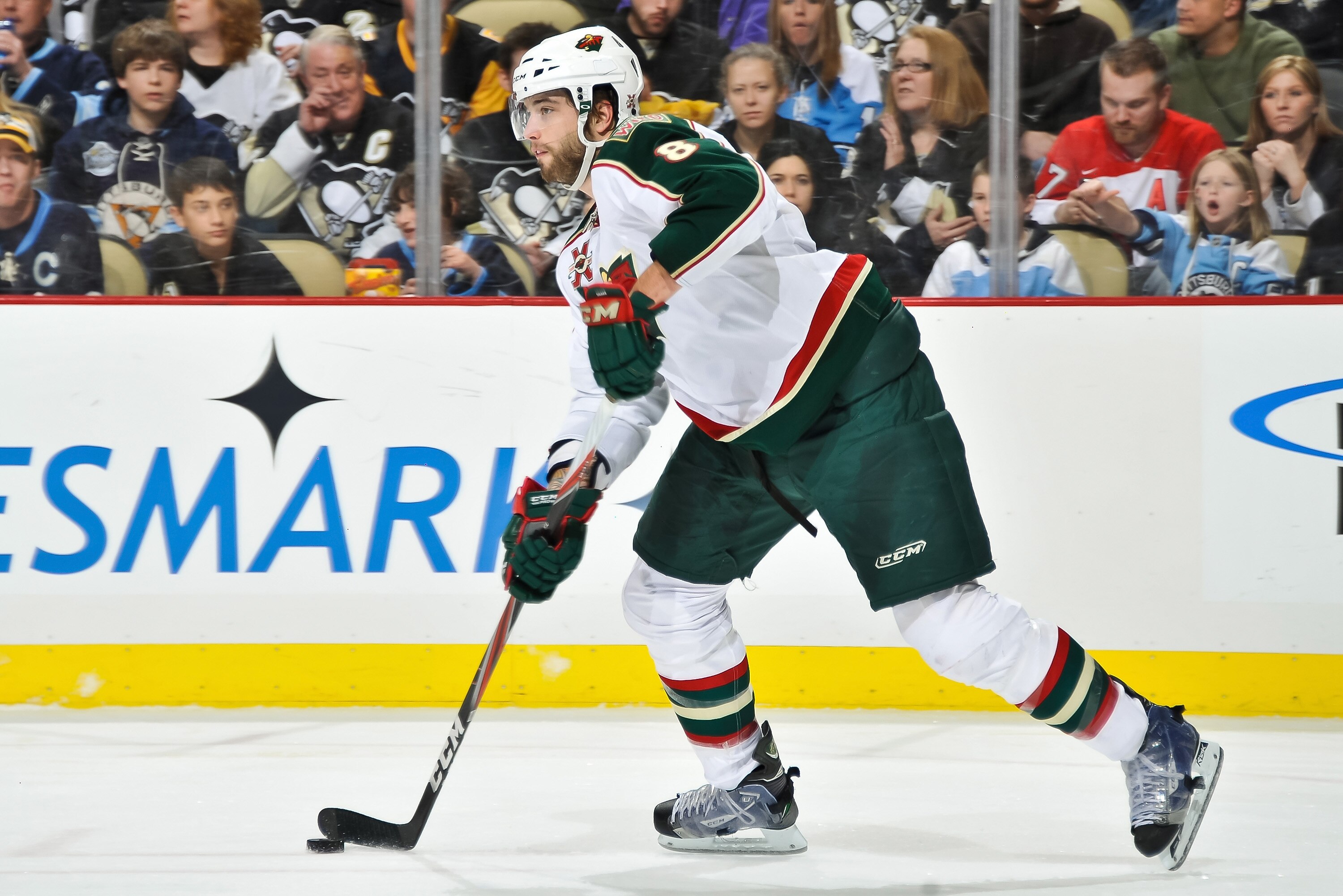 PITTSBURGH, PA - JANUARY 08:  Brent Burns #8 of the Minnesota Wild skates with the puck against the Pittsburgh Penguins on January 8, 2011 at CONSOL Energy Center in Pittsburgh, Pennsylvania.  (Photo by Jamie Sabau/Getty Images)