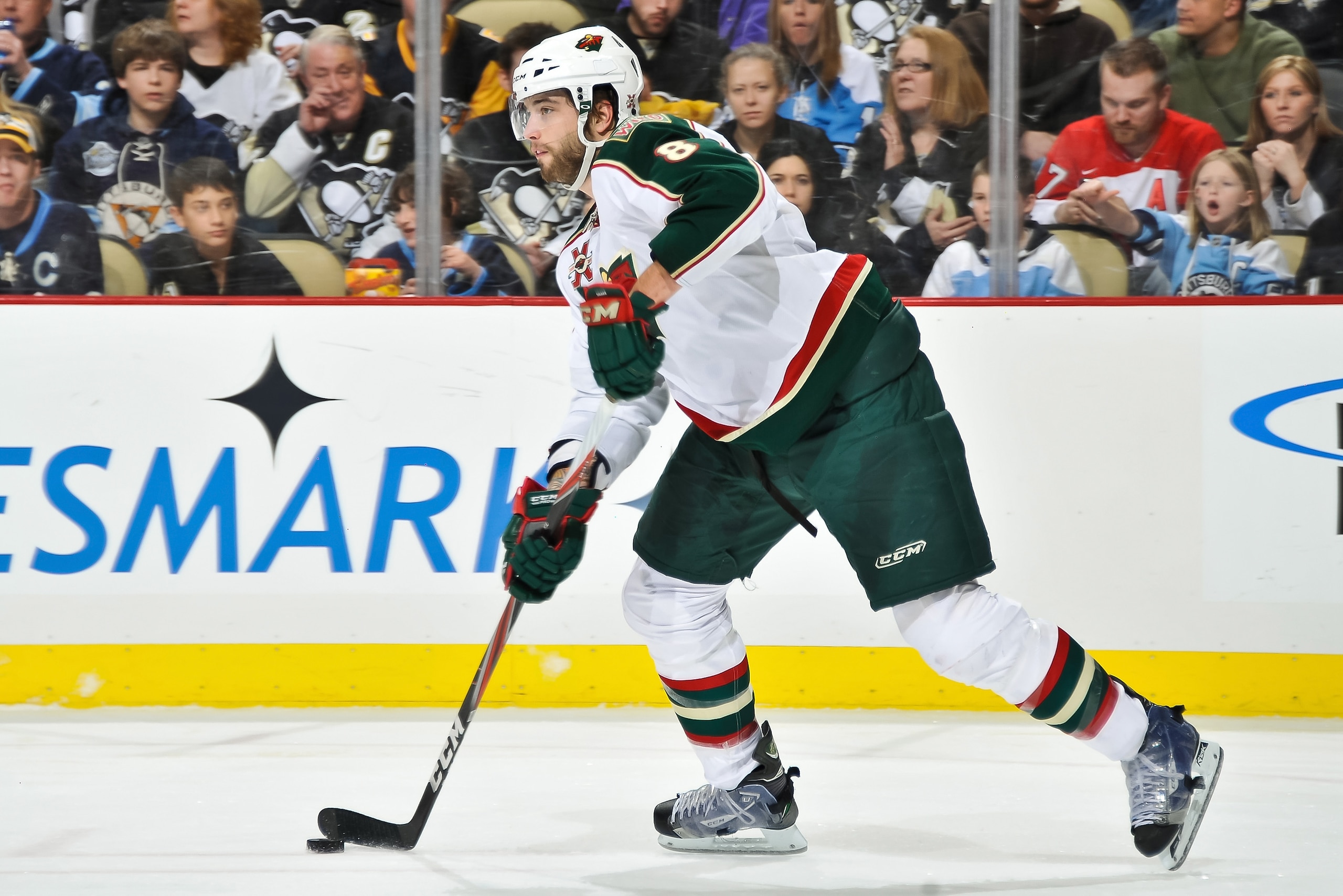 PITTSBURGH, PA - JANUARY 08:  Brent Burns #8 of the Minnesota Wild skates with the puck against the Pittsburgh Penguins on January 8, 2011 at CONSOL Energy Center in Pittsburgh, Pennsylvania.  (Photo by Jamie Sabau/Getty Images)