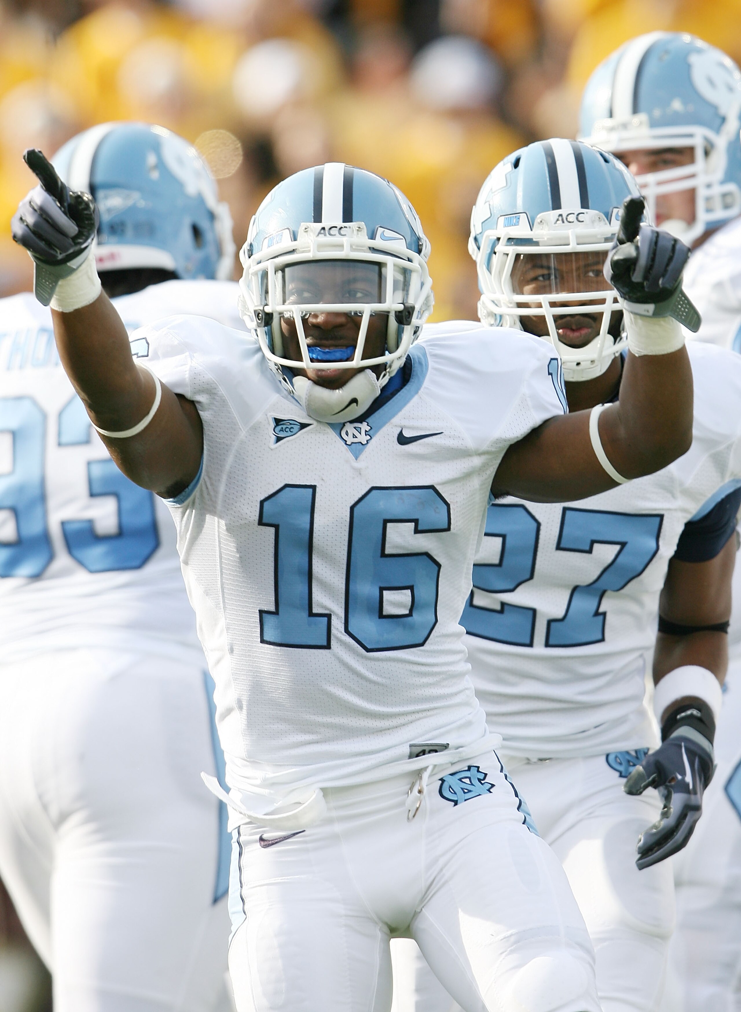 CHESTNUT HILL, MA - NOVEMBER 21: Kendric Burney #16 of the North Carolina Tar Heels celebrates his touchdown in the first quarter against the Boston College Eagles on November 21, 2009 at Alumni Stadium in Chestnut Hill, Massachusetts. (Photo by Elsa/Ge CHESTNUT HILL, MA - NOVEMBER 21: Kendric Burney #16 of the North Carolina Tar Heels celebrates his touchdown in the first quarter against the Boston College Eagles on November 21, 2009 at Alumni Stadium in Chestnut Hill, Massachusetts. (Photo by Elsa/Ge