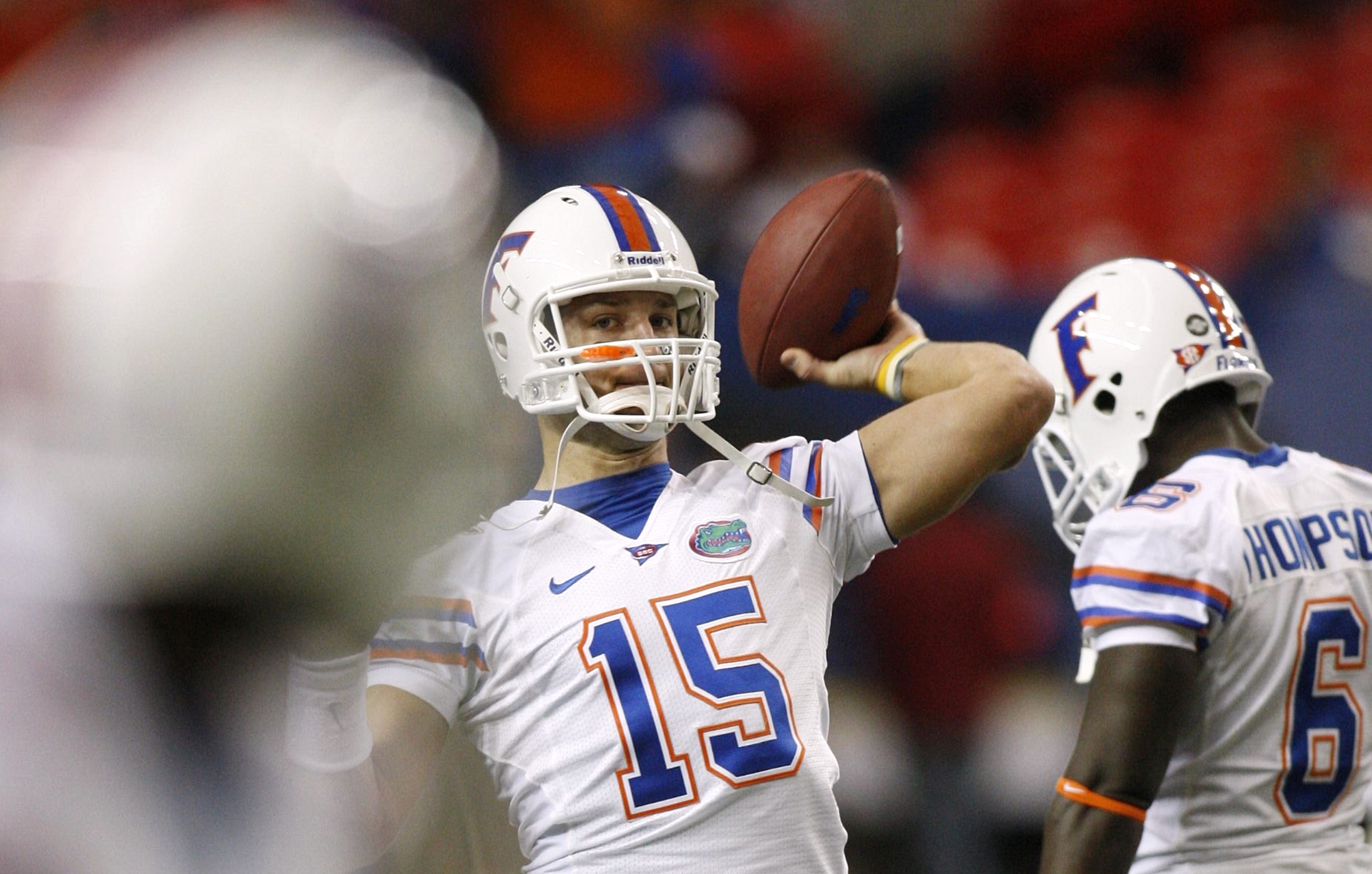 ATLANTA - DECEMBER 5:  Quarterback Tim Tebow #15 of the Florida Gators warms up against the Alabama Crimson Tide during the SEC Championship game at Georgia Dome on December 5, 2009 in Atlanta, Georgia.  (Photo by Chris Graythen/Getty Images)