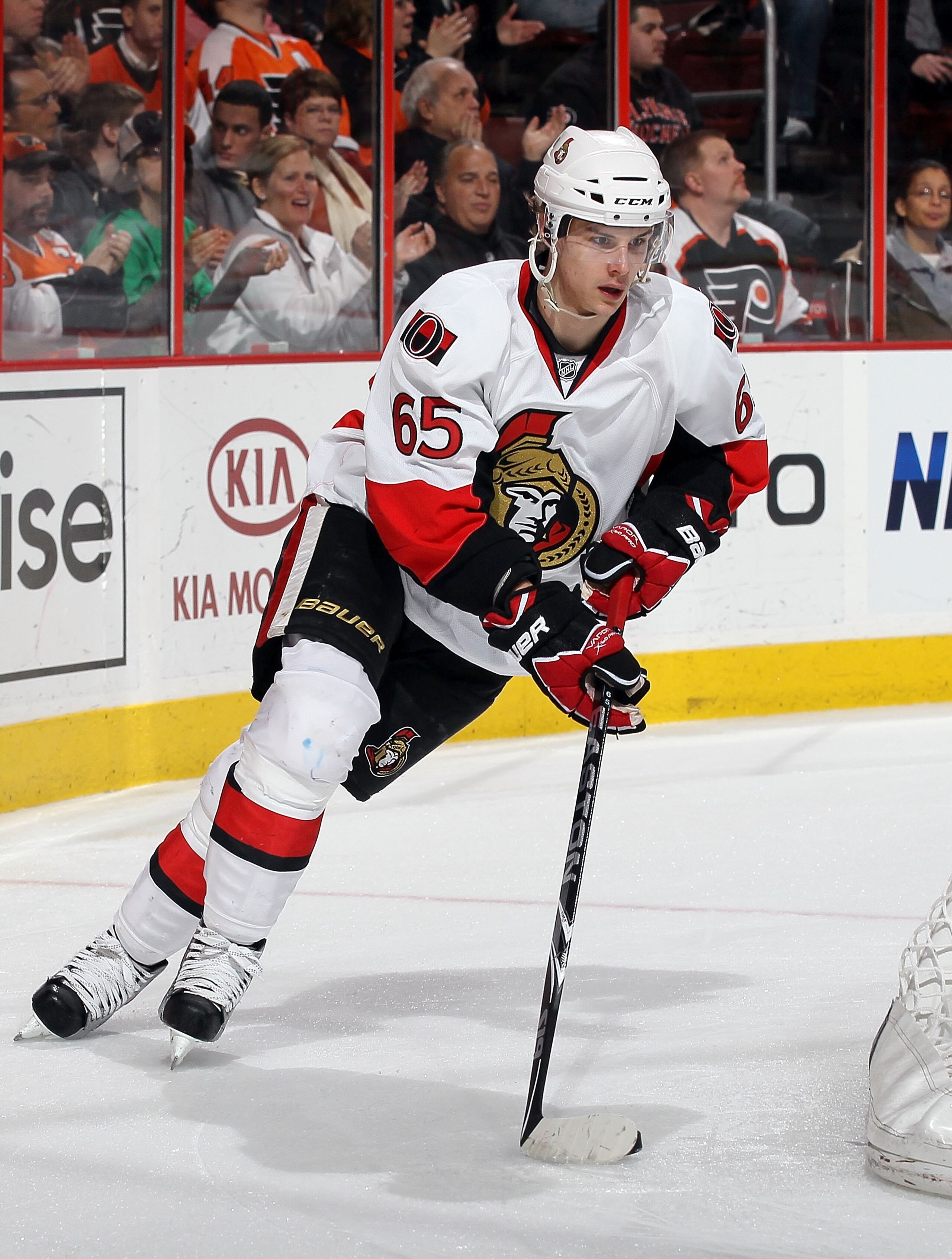 PHILADELPHIA, PA - JANUARY 20:  Erik Karlsson #65 of the Ottawa Senators skates against the Philadelphia Flyers on January 20, 2011 at Wells Fargo Center in Philadelphia, Pennsylvania.  (Photo by Jim McIsaac/Getty Images)