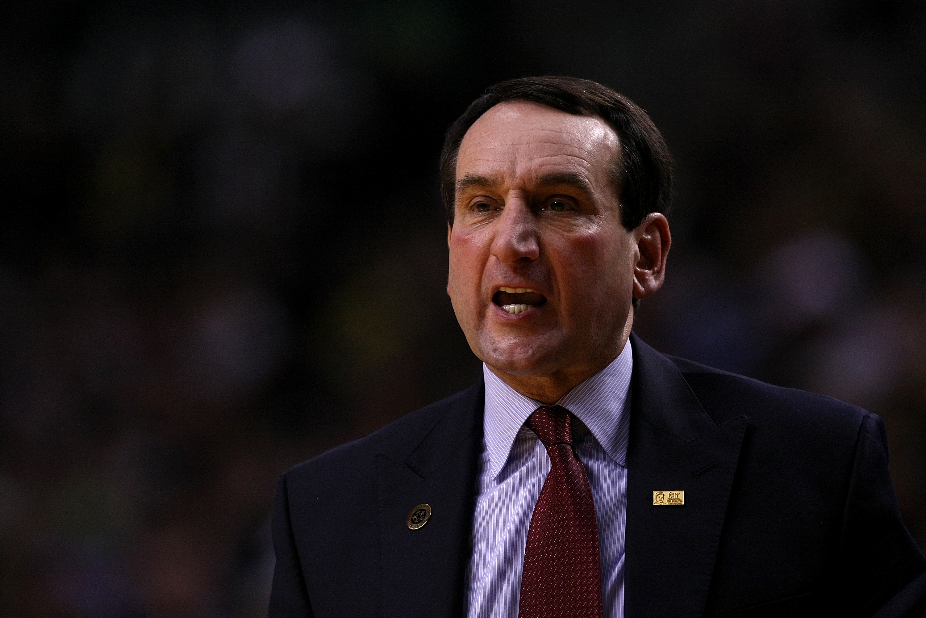 PORTLAND, OR - NOVEMBER 27: Head Coach Mike Krzyzewski of the Duke Blue Devils talks to his players against the Oregon Ducks on November 27, 2010 at the Rose Garden in Portland, Oregon. (Photo by Jonathan Ferrey/Getty Images)
