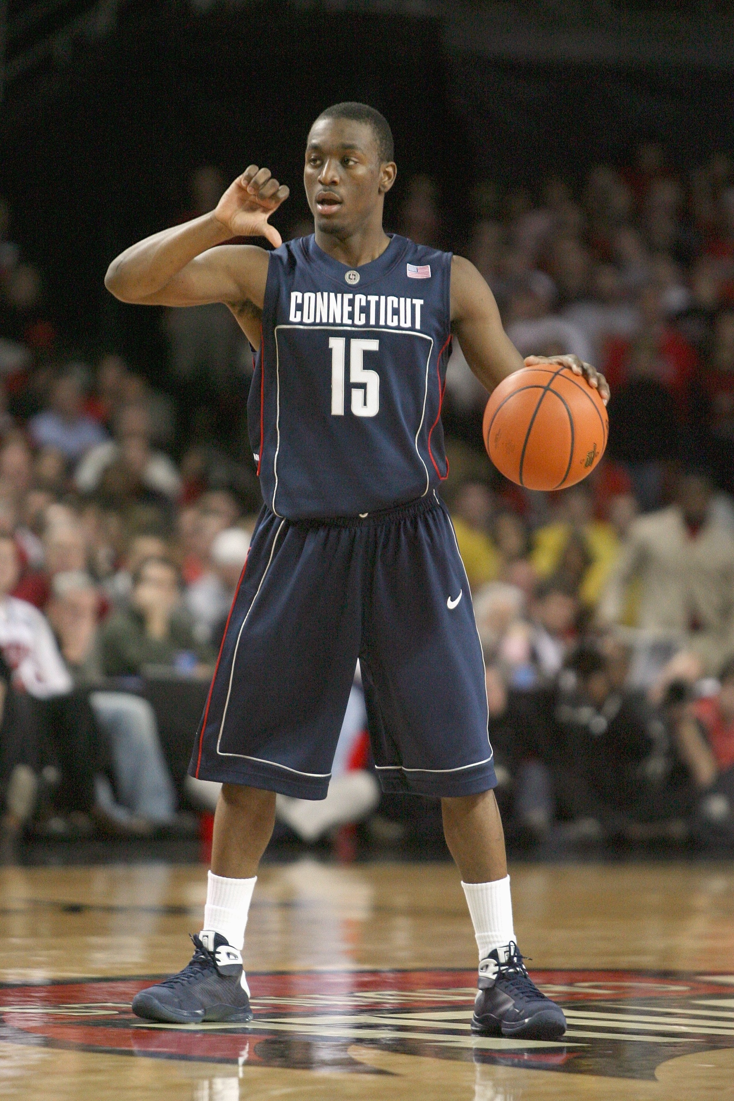 LOUISVILLE, KY - FEBRUARY 2:  Kemba Walker #15 of the Connecticut Huskies signals on court during the Big East Conference game against the Louisville Cardinals on February 2, 2009 at Freedom Hall in Louisville, Kentucky.  (Photo by Andy Lyons/Getty Images