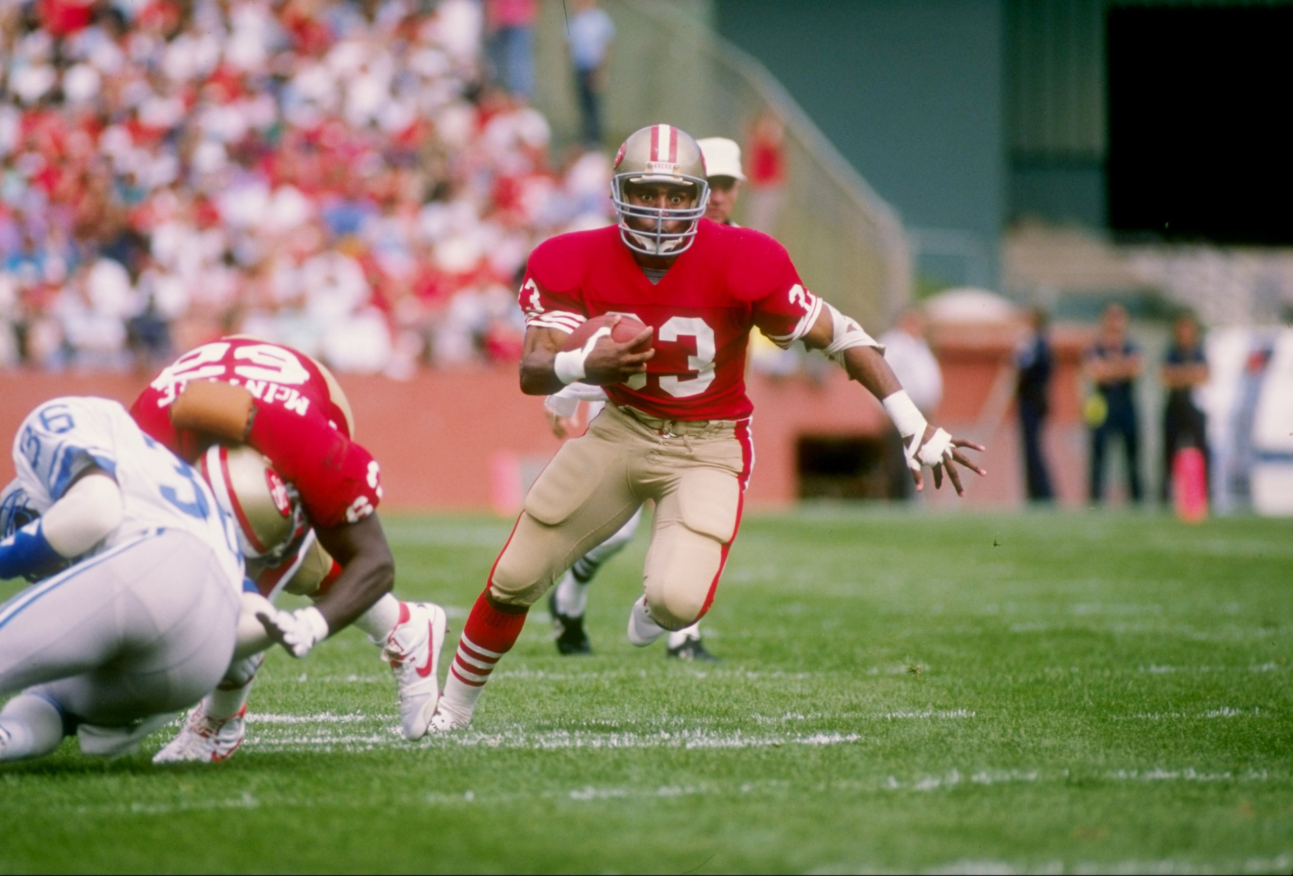 2 Oct 1988: Running back Roger Craig of the San Francisco 49ers runs down the field during a game against the Detroit Lions at Candlestick Park in San Francisco, California. The 49ers won the game 20-13. 2 Oct 1988: Running back Roger Craig of the San Francisco 49ers runs down the field during a game against the Detroit Lions at Candlestick Park in San Francisco, California. The 49ers won the game 20-13.