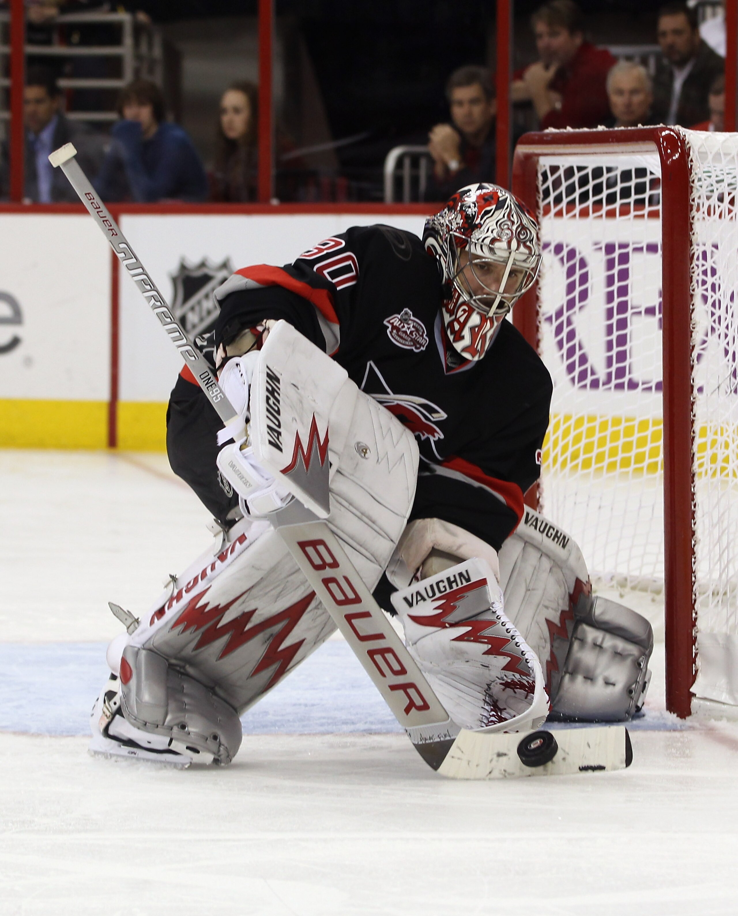 RALEIGH, NC - NOVEMBER 29:  Cam Ward #30 of the Carolina Hurricanes tends net against the Dallas Stars at the RBC Center on November 29, 2010 in Raleigh, North Carolina. The Stars defeated the Hurricanes 4-1.  (Photo by Bruce Bennett/Getty Images)