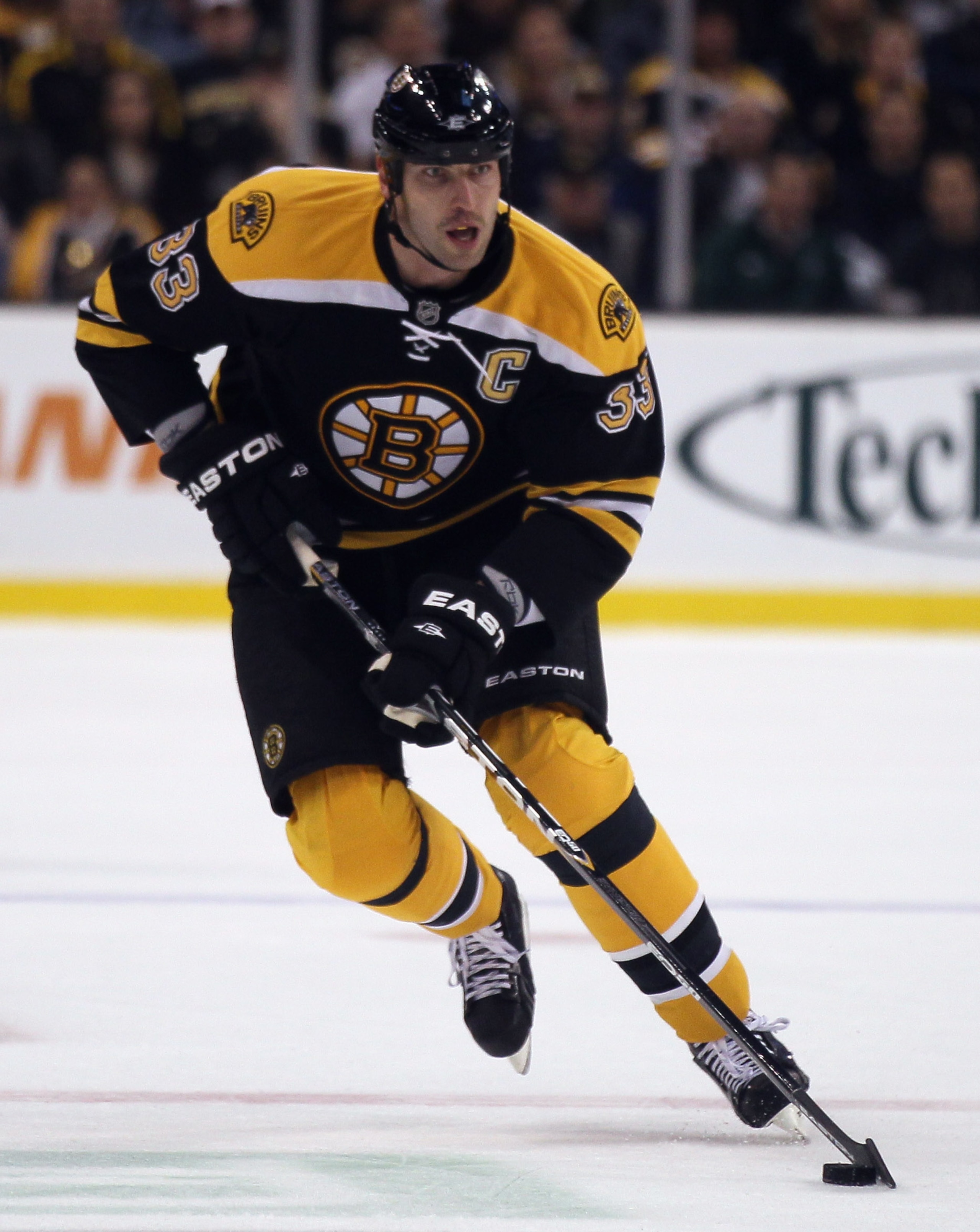BOSTON - NOVEMBER 15:  Zdeno Chara #33 of the Boston Bruins takes the puck against the New Jersey Devils on November 15, 2010 at the TD Garden in Boston, Massachusetts.  (Photo by Elsa/Getty Images)