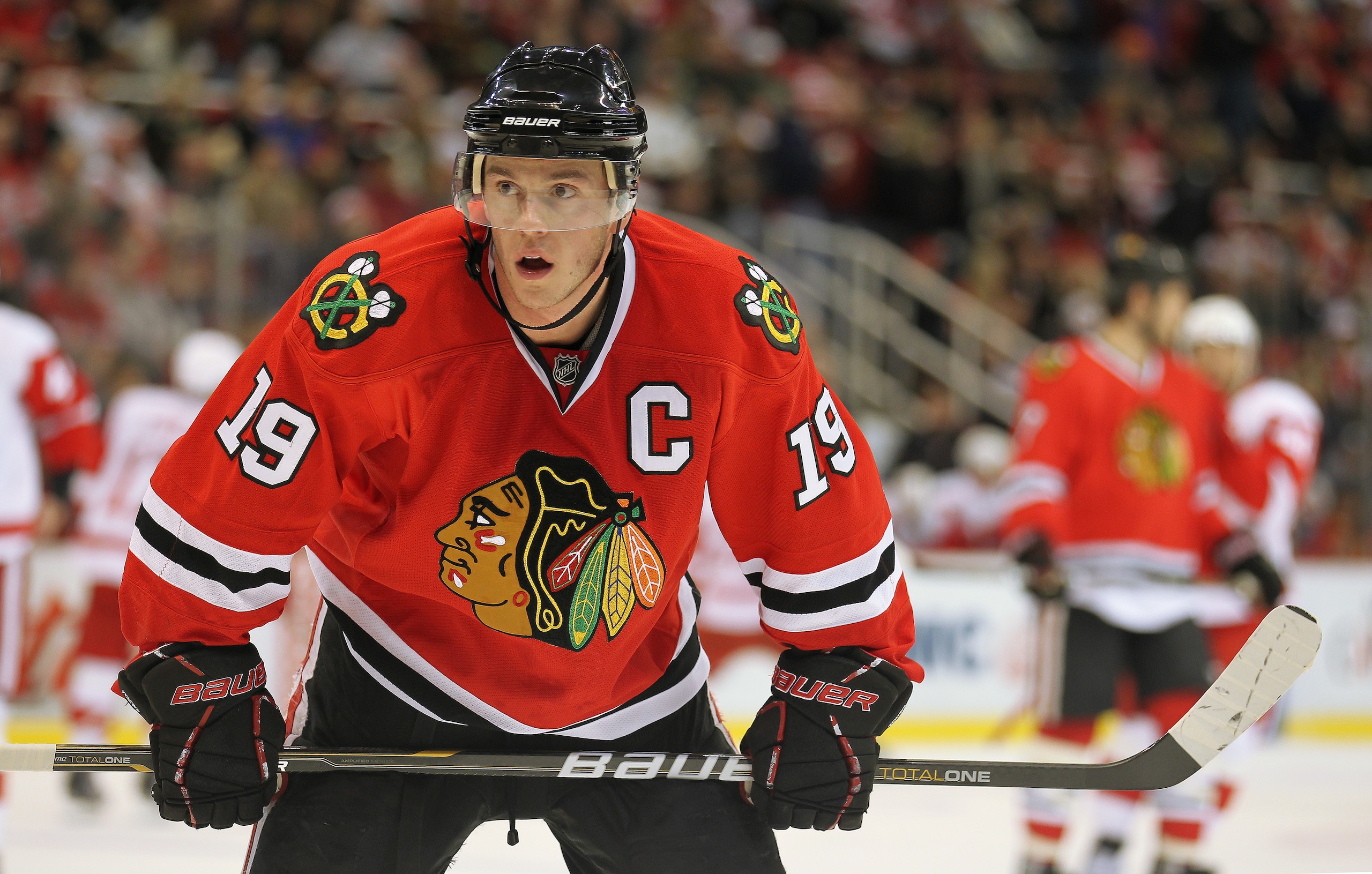 DETROIT, MI - JANUARY 22:  Jonathan Toews #19 of the Chicago Black Hawks gets set for a faceoff in a game against the Detroit Red Wings on January 22, 2011 at the Joe Louis Arena in Detroit, Michigan. The Hawks defeated the Wings 4-1. (Photo by Claus Ande