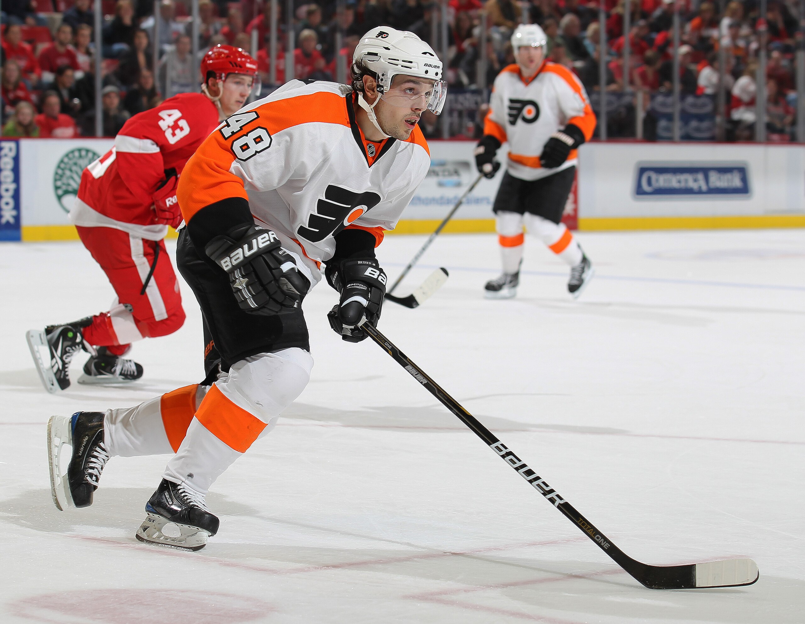 DETROIT, MI - JANUARY 2:  Daniel Briere #48 of the Philadelphia Flyers skates back up ice in a game against the Detroit Red Wings on January 2, 2011 at the Joe Louis Arena in Detroit, Michigan. The Flyers defeated the Wings 3-2. (Photo by Claus Anderzen/G