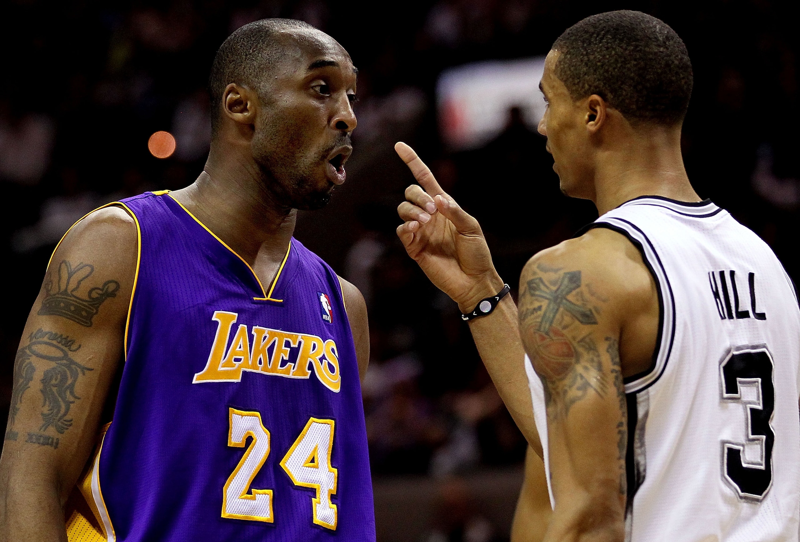 SAN ANTONIO, TX - DECEMBER 28:  Guard Kobe Bryant #24 of the Los Angeles Lakers and George Hill #3 of the San Antonio Spurs confront one another in the second quarter at AT&T Center on December 28, 2010 in San Antonio, Texas.  NOTE TO USER: User expressly