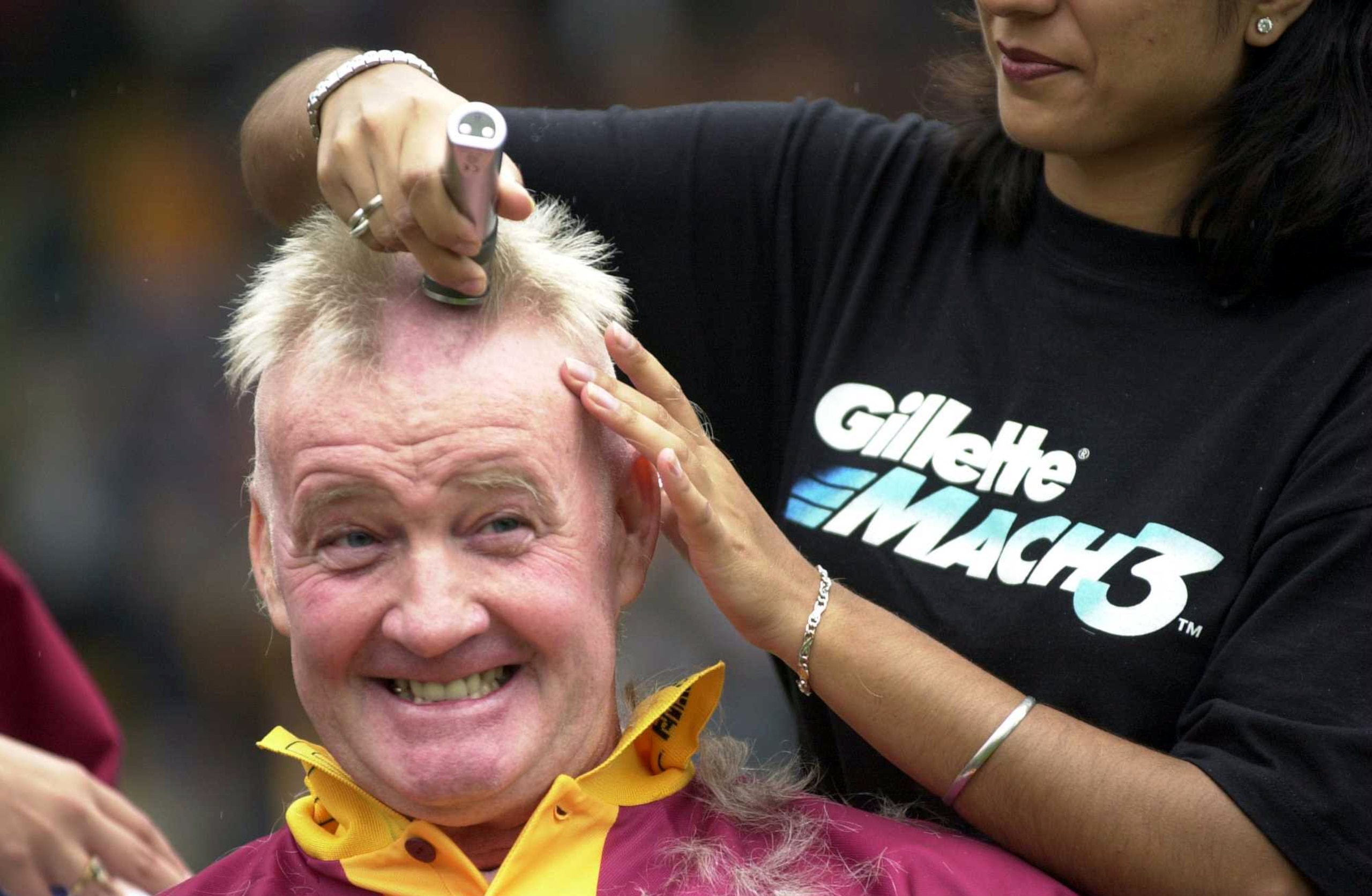 26 Aug  2000:   Sky TV presenter Rodney Marsh has his head shaved for charity at Valley Parade Stadium, Bradford. Mandatory Credit: Shaun Botterill/ALLSPORT