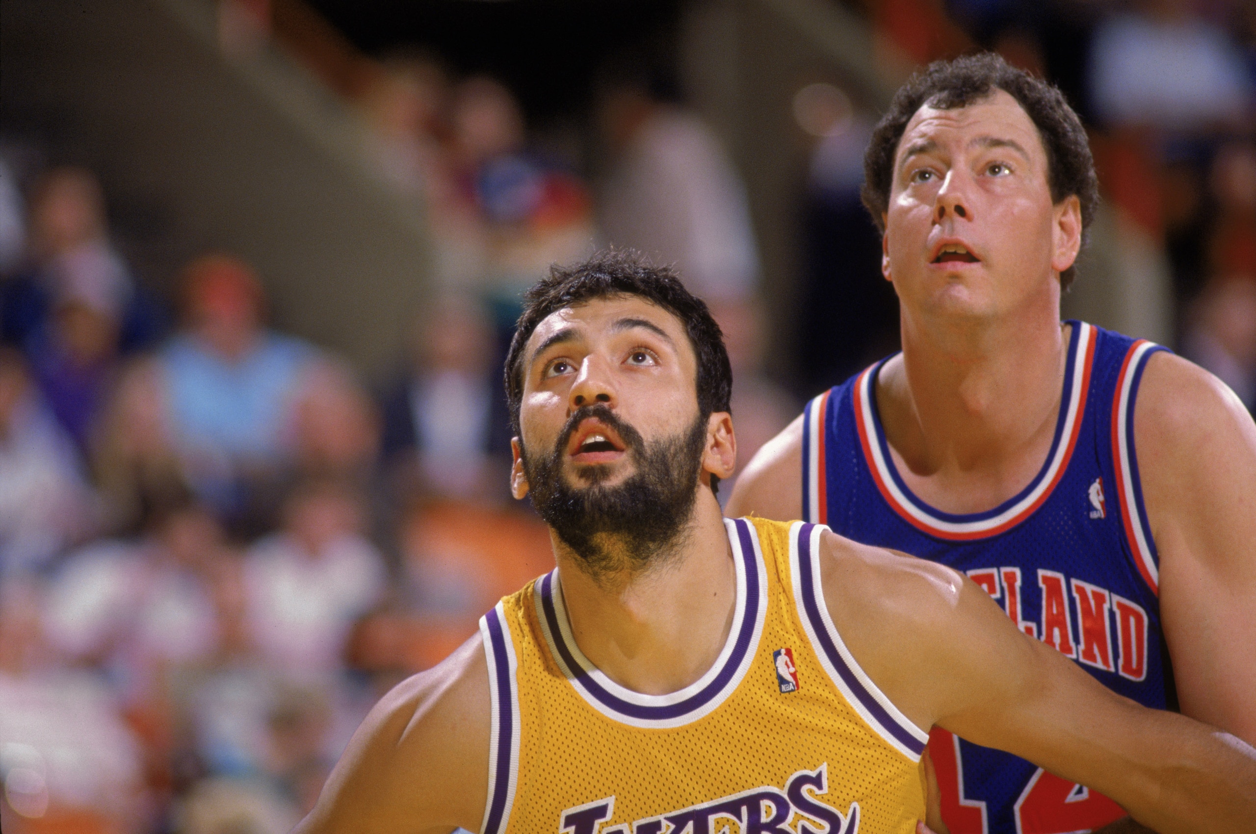 LOS ANGELES - 1989:  Vlade Divac #12 of the Los Angeles Lakers boxes out Paul Mokeski #44 of the Cleveland Cavaliers during an NBA game at the Great Western Forum in Los Angeles, California in 1989. (Photo by Mike Powell/Getty Images)