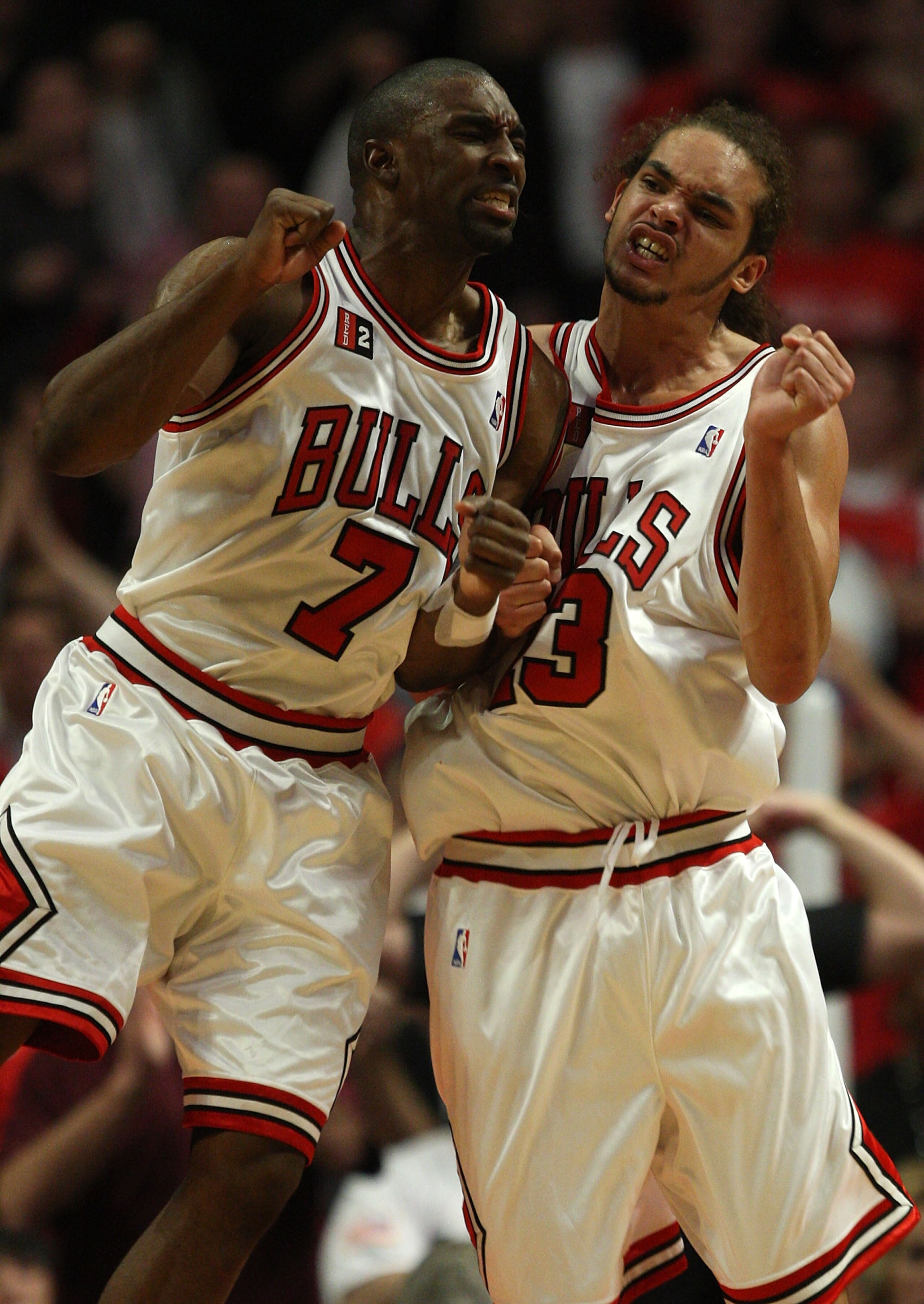 CHICAGO - APRIL 26: Ben Gordon #7 and Joakim Noah #13 of the Chicago Bulls celebrate a play in overtime against the Boston Celtics in Game Four of the Eastern Conference Quarterfinals during the 2009 NBA Playoffs at the United Center on April 26, 2009 in