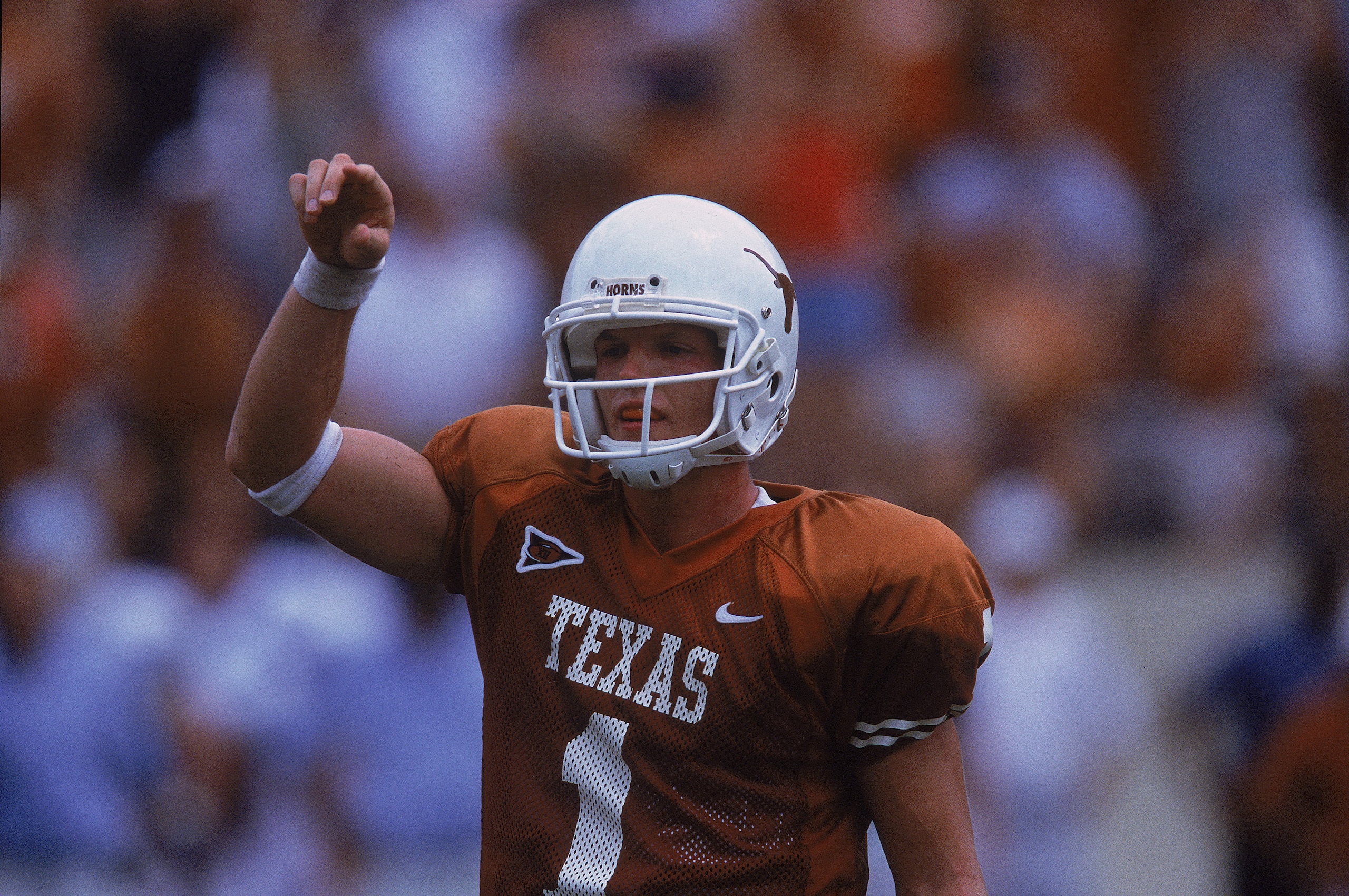 8 Sep 2001:  Chris Simms #1 of the Texas Longhorns standing on the field gesturing during the game against the North Carolina Tar Heels at the Royal Memorial Stadium in Austin, Texas. The Longhorns defeated the Tar Heels 44-14.Mandatory Credit: Ronald Mar