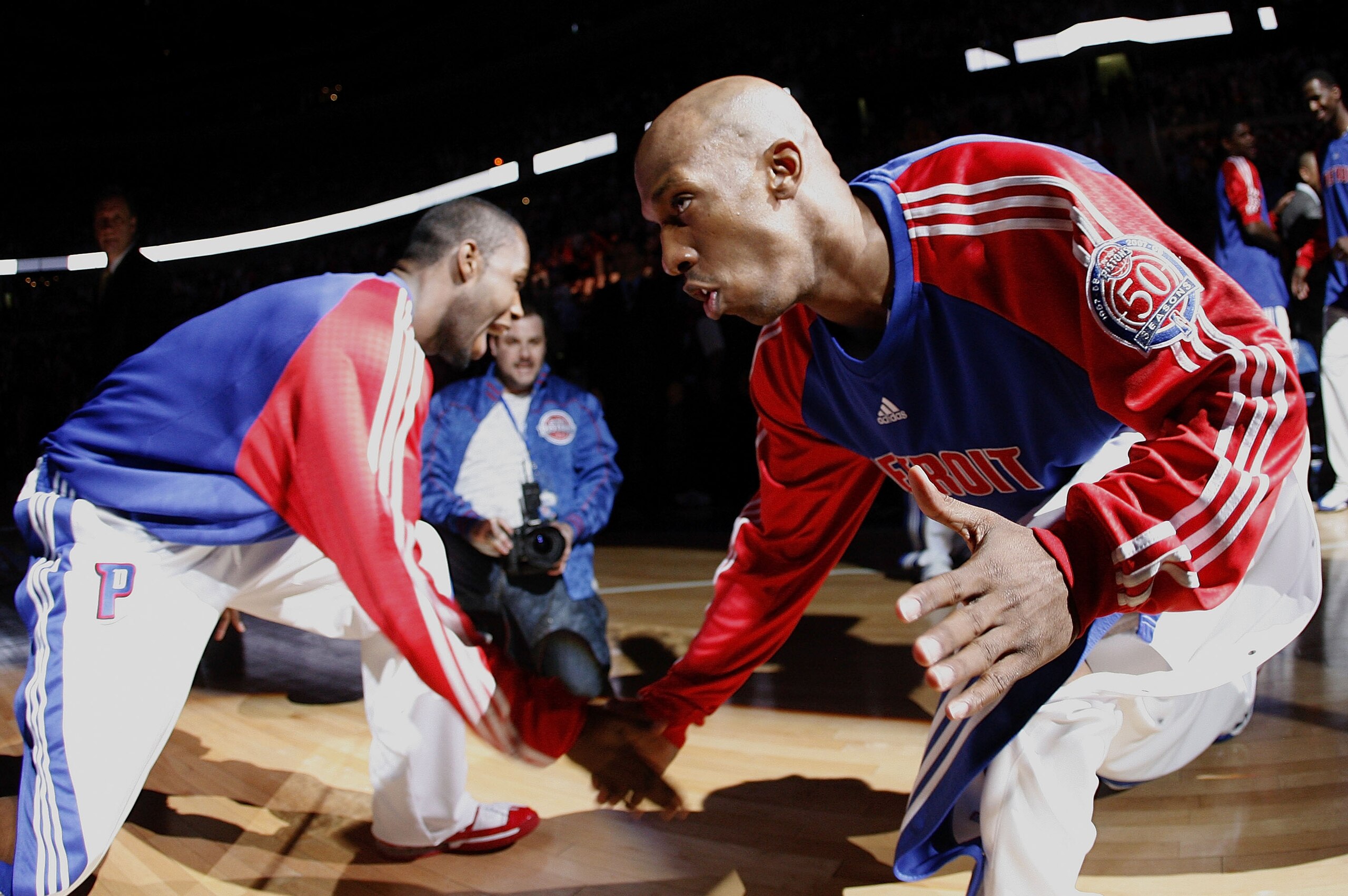AUBURN HILLS, MI - MAY 05:  Chauncey Billups #1 of the Detroit Pistons low fives Rodney Stucky #5 during team introductions prior to playing the Orlando Magic in Game Two of the Eastern Conference Semifinals during the 2008 NBA Playoffs at the Palace of A
