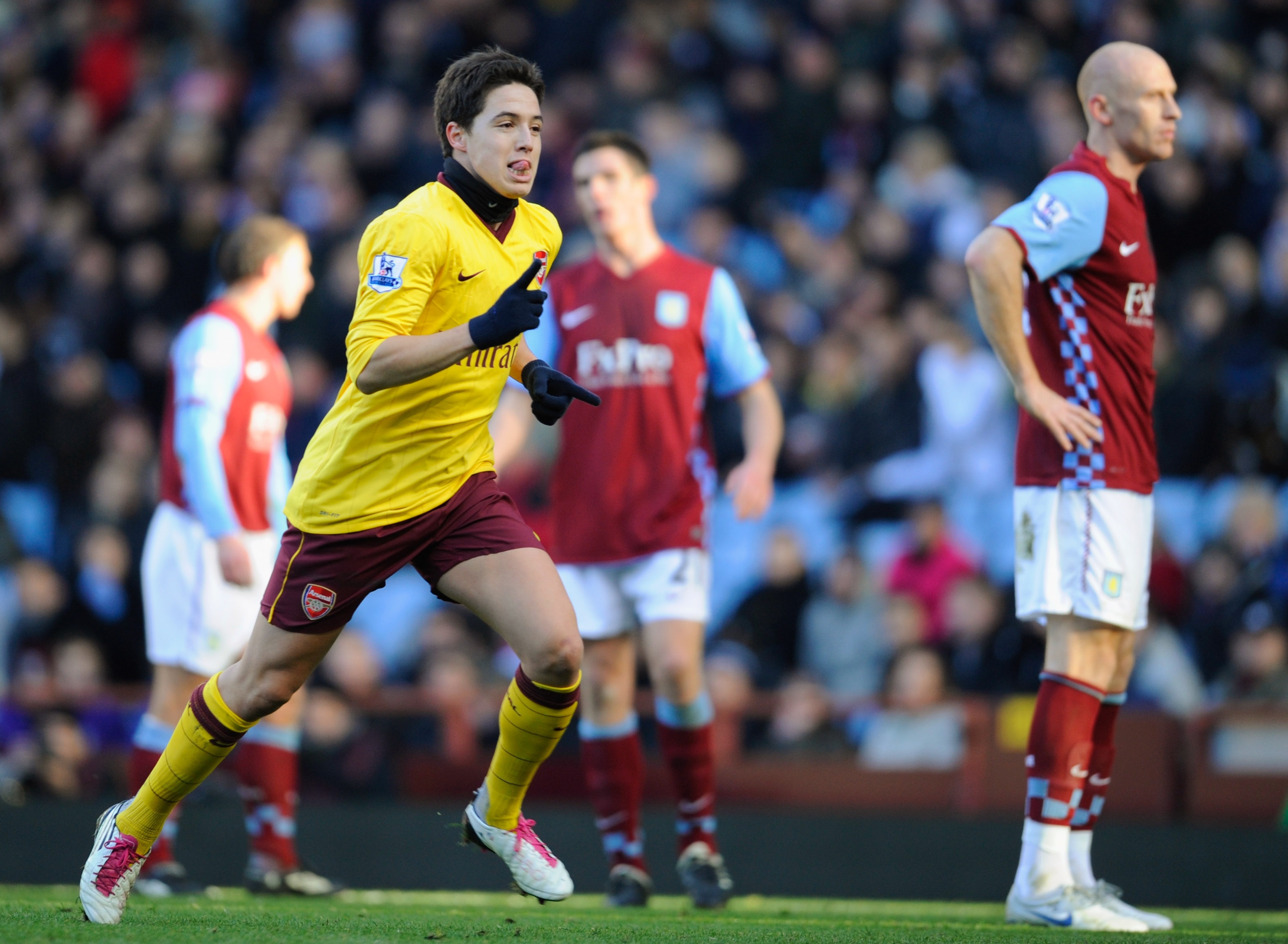 BIRMINGHAM, ENGLAND - NOVEMBER 27:  Samir Nasri of Arsenal celebrates scoring to make it 2-0 during the Barclays Premier League match between Aston Villa and Arsenal at Villa Park on November 27, 2010 in Birmingham, England.  (Photo by Michael Regan/Getty