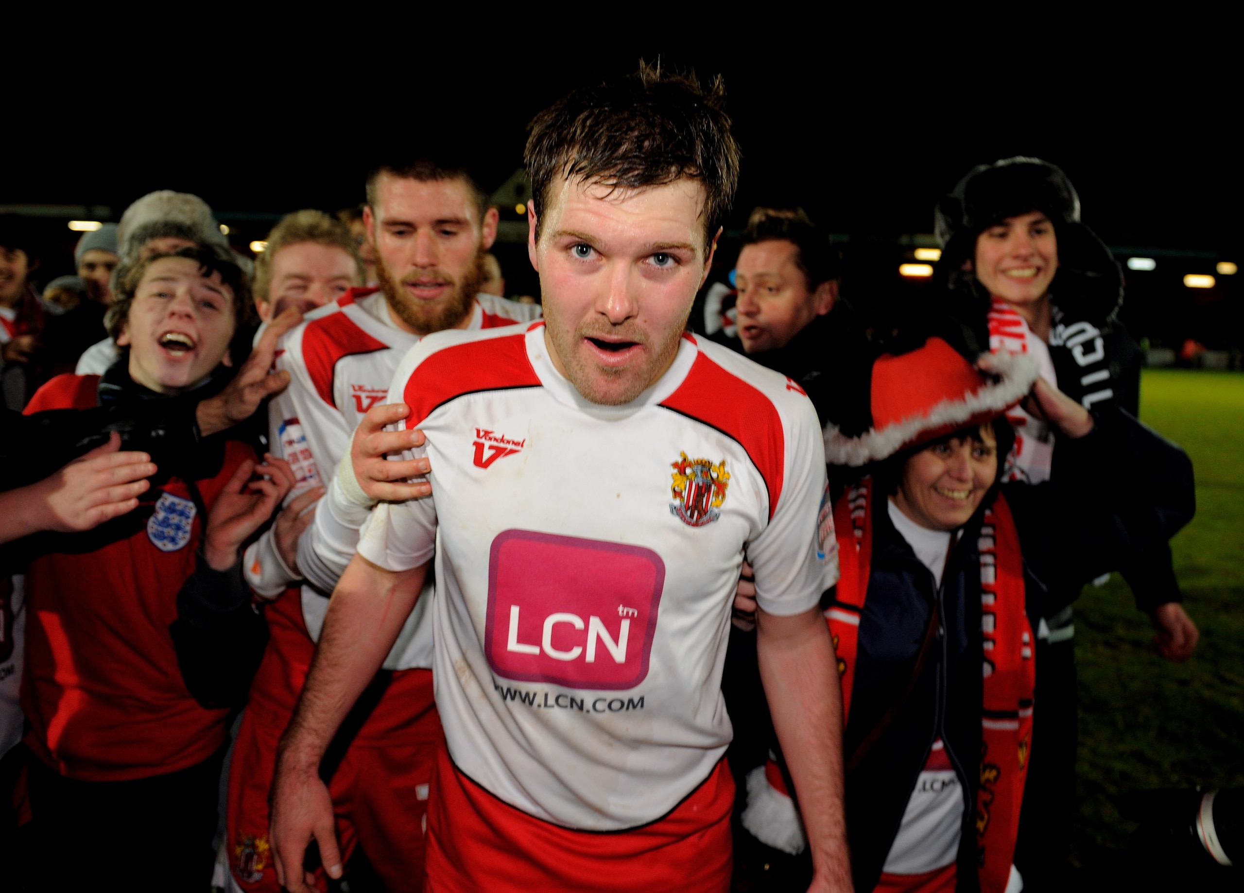 STEVENAGE, ENGLAND - JANUARY 08:  Scott Laird of Stevenage celebrates following his team's 3-1 victory during the FA Cup sponsored by E.ON 3rd round match between Stevenage and Newcastle United at the Lamex Stadium on January 8, 2011 in Stevenage, England