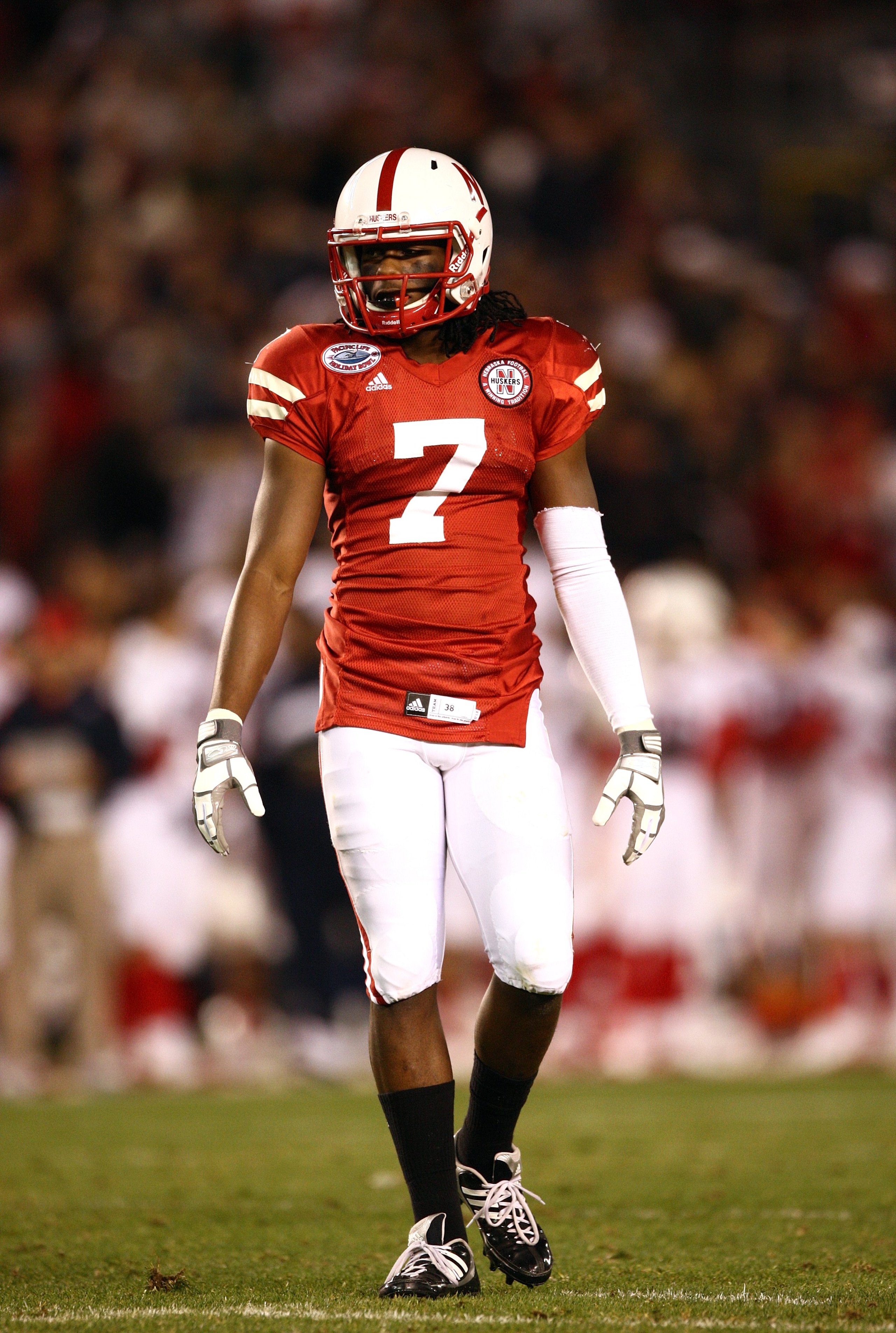 SAN DIEGO - DECEMBER 30:  Dejon Gomes #7 of the University of Nebraska Cornhuskers looks on during the Pacific Life Holiday Bowl against University of Arizona Wildcats on December 30, 2009 at Qualcomm Stadium in San Diego, California. The Cornhuskers defe